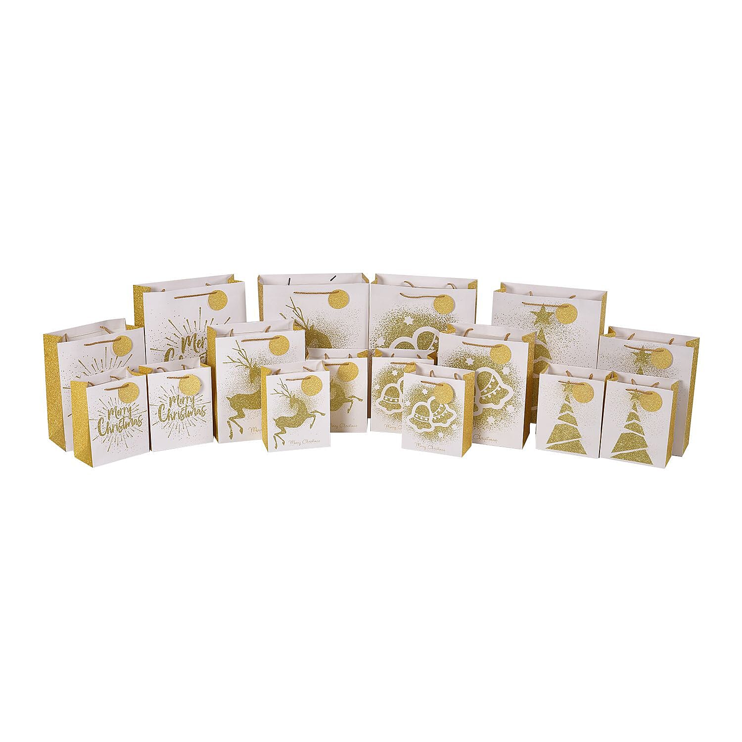 Set of 16 Christmas Theme Gift Paper Bags in 3 Sizes With 4 Different Design - (Golden Christmas Tree - Golden Bells - Golden Reindeer - Merry Christmas Message)