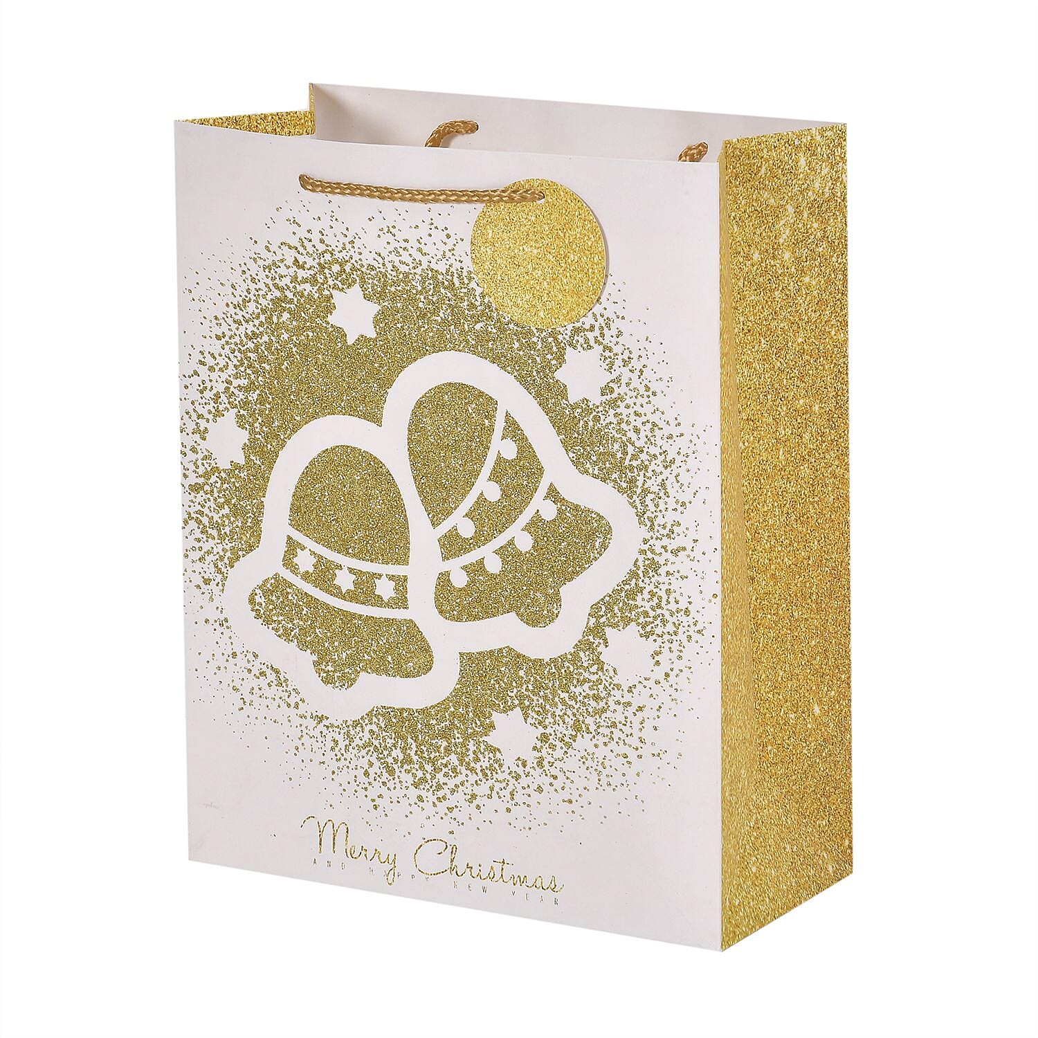 Set of 16 Christmas Theme Gift Paper Bags in 3 Sizes With 4 Different Design - (Golden Christmas Tree - Golden Bells - Golden Reindeer - Merry Christmas Message)