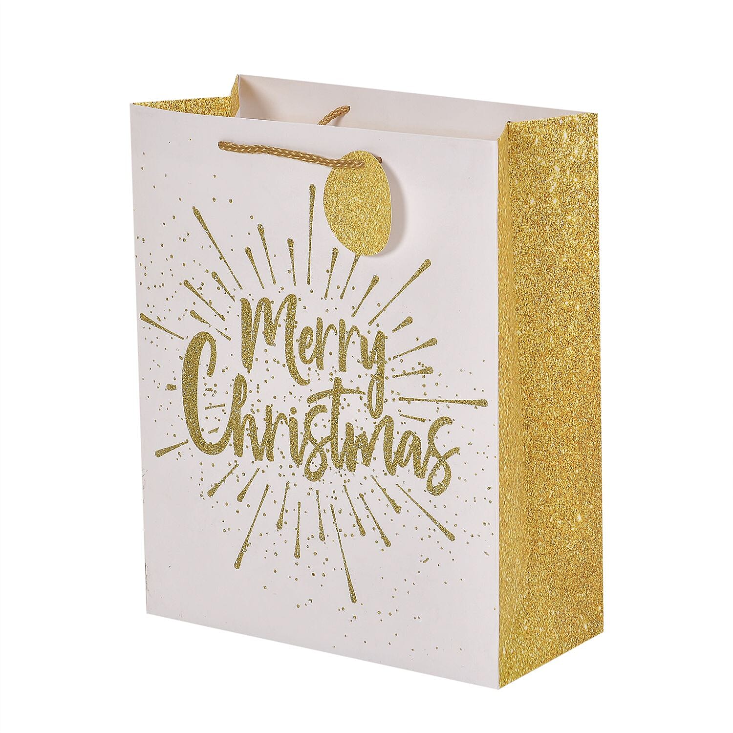 Set of 16 Christmas Theme Gift Paper Bags in 3 Sizes With 4 Different Design - (Golden Christmas Tree - Golden Bells - Golden Reindeer - Merry Christmas Message)