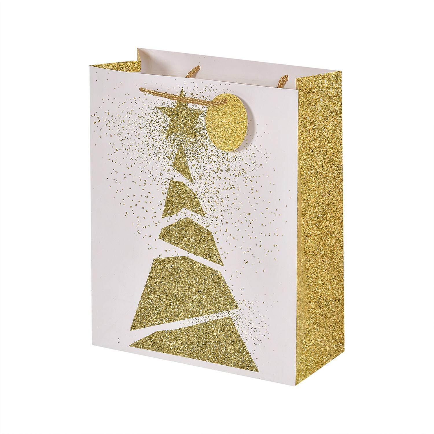 Set of 16 Christmas Theme Gift Paper Bags in 3 Sizes With 4 Different Design - (Golden Christmas Tree - Golden Bells - Golden Reindeer - Merry Christmas Message)