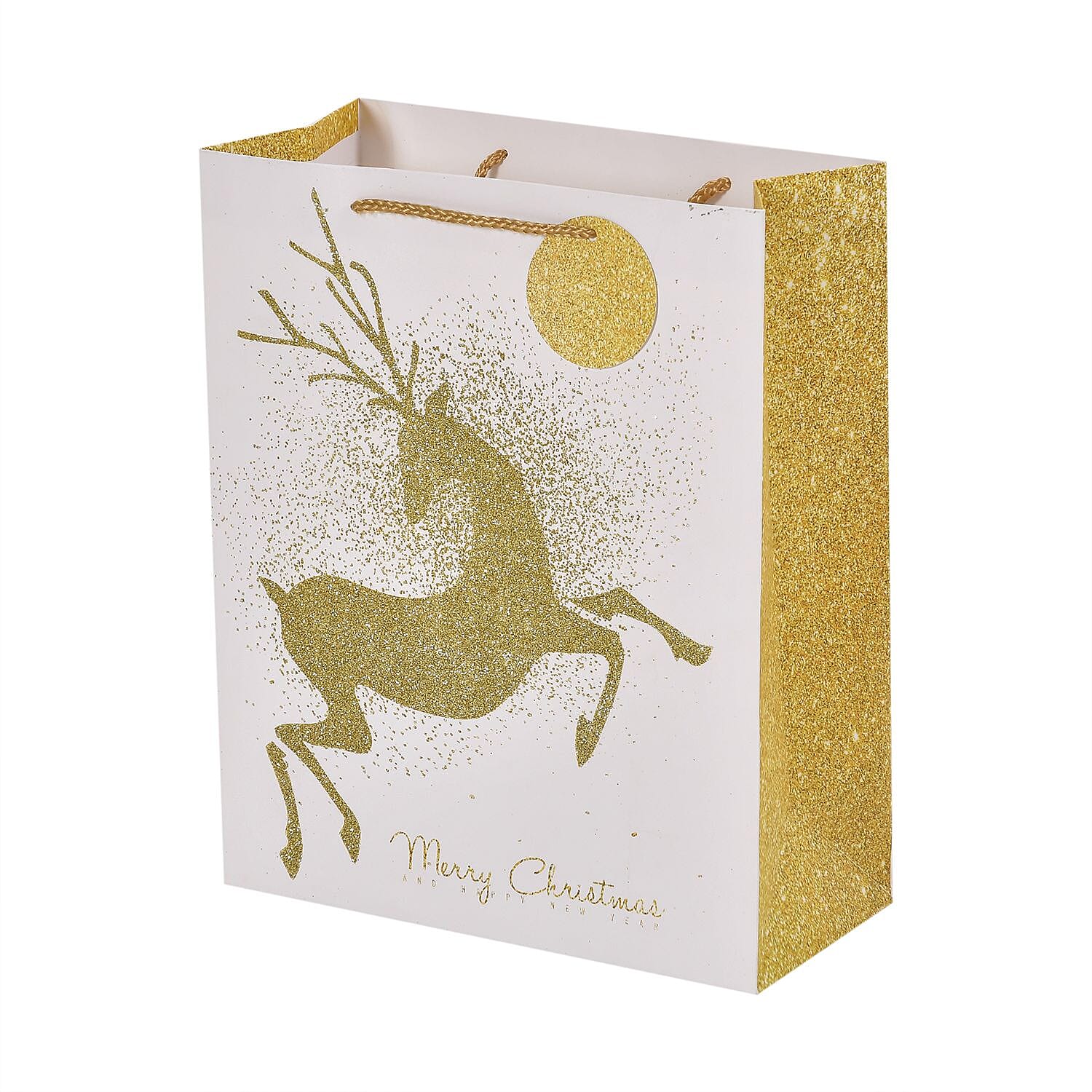 Set of 16 Christmas Theme Gift Paper Bags in 3 Sizes With 4 Different Design - (Golden Christmas Tree - Golden Bells - Golden Reindeer - Merry Christmas Message)