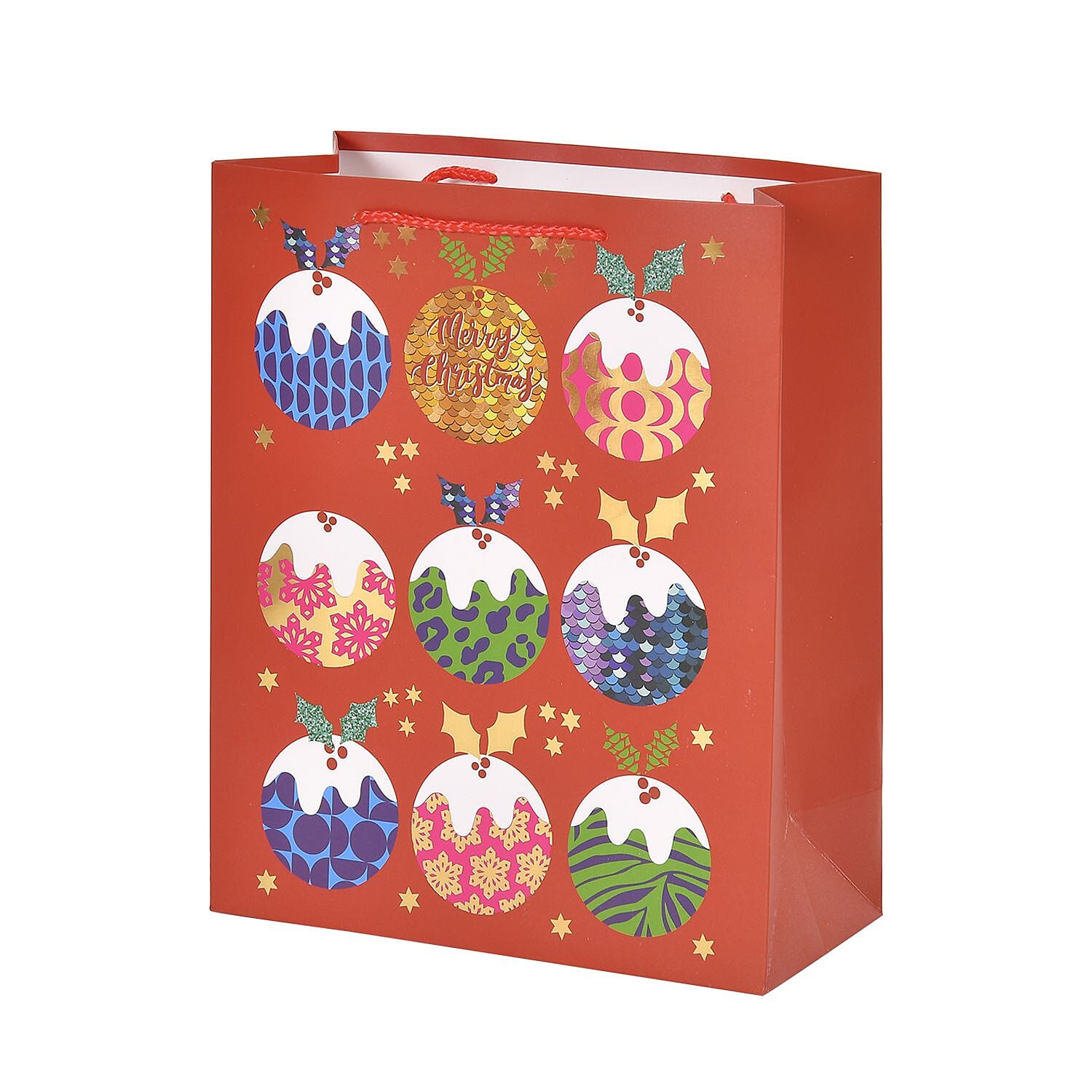 Set of 16 Christmas Theme Gift Paper Bags in 3 Sizes With 4 Different Design - (Colourful Ball - Colourful Reindeer - Hot Air Balloo - Colourfu Christmas Tree) Multi Color.