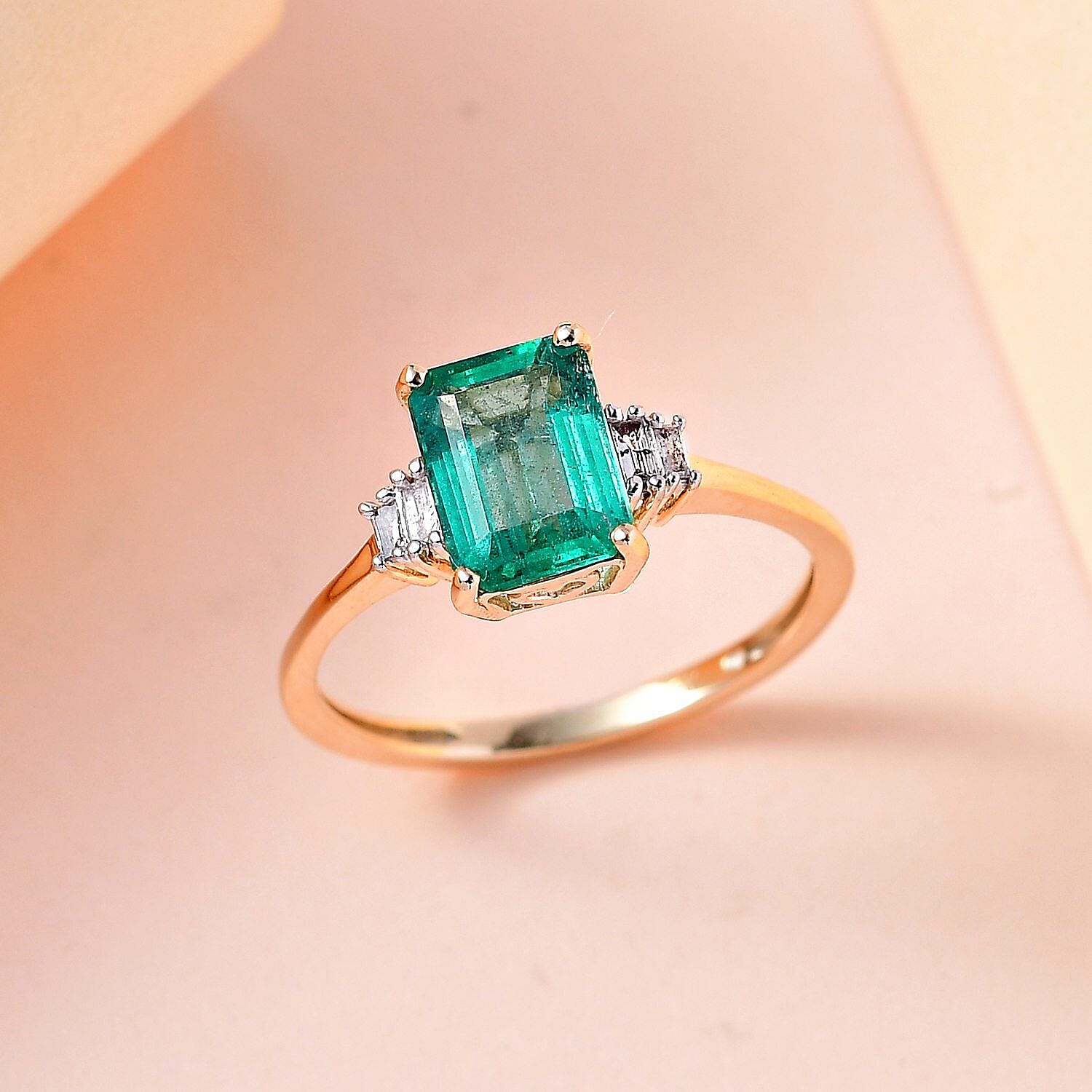 9K Yellow Gold AAA Gemfields Emerald and Diamond (G-H) Ring 1.70 Ct.