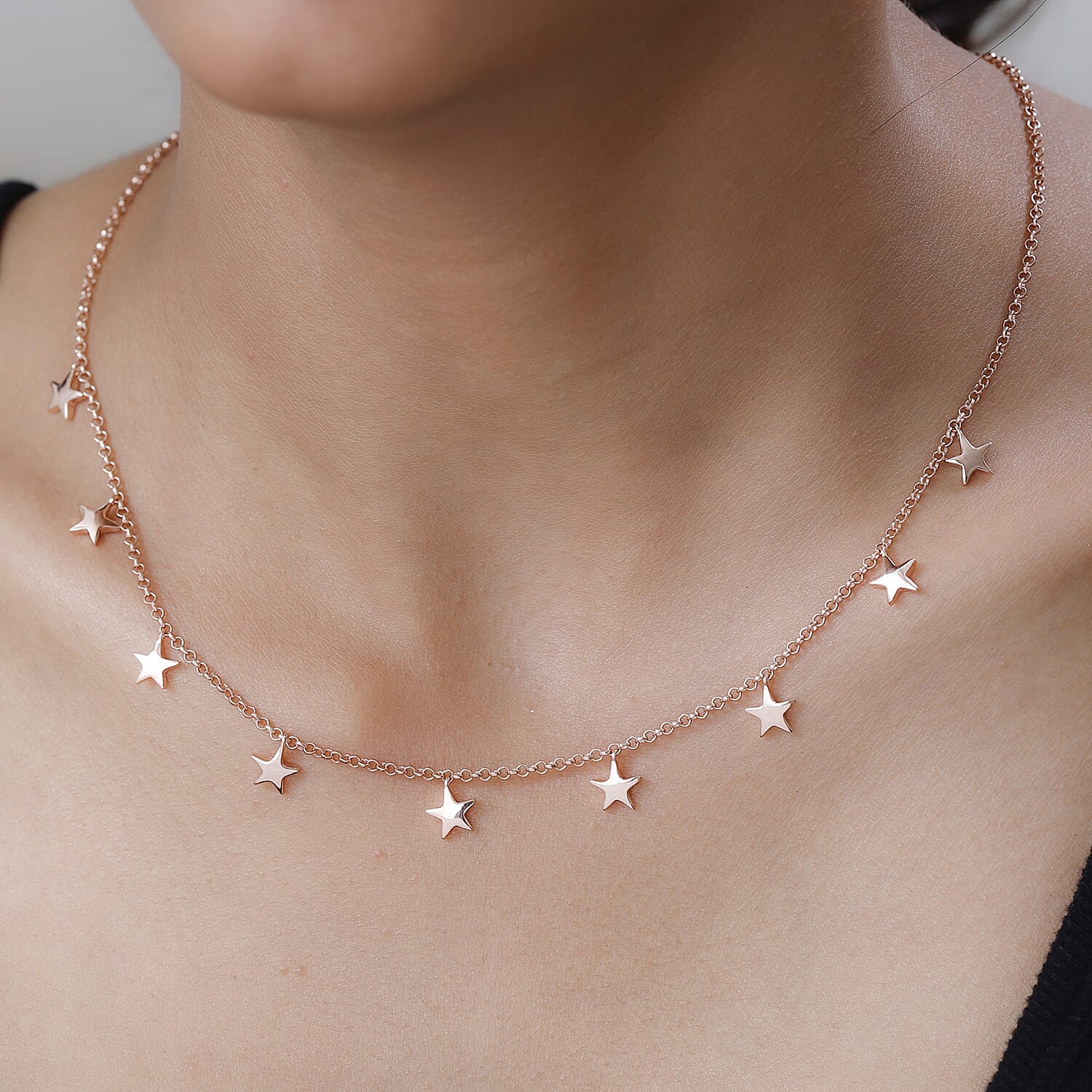 Star Station Necklace (Size - 18) with Lobster Clasp in 18K Vermeil Rose Gold Plated Sterling Silver, Silver Wt 7.30 Gms.