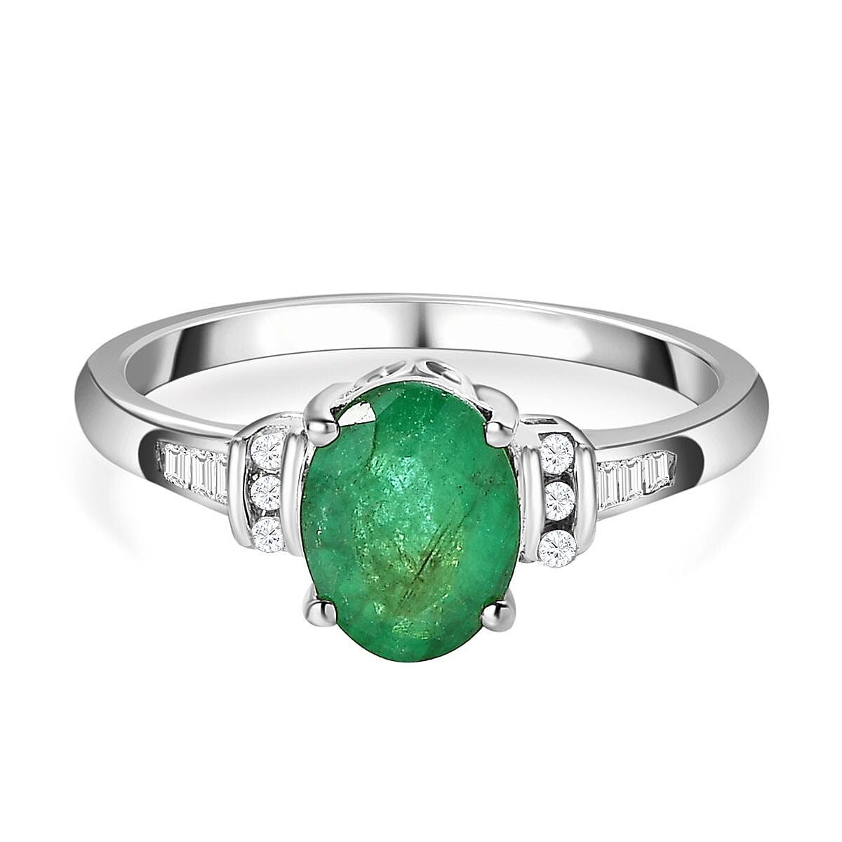 Zambian Emerald & Diamond Ring in Platinum Overlay Sterling Silver 1.29 Ct