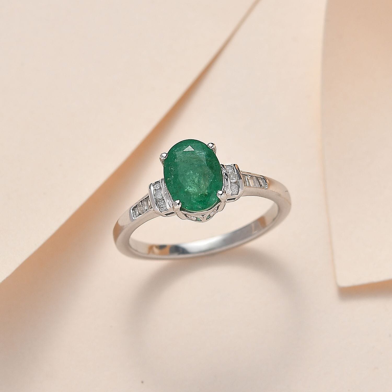 Zambian Emerald & Diamond Ring in Platinum Overlay Sterling Silver 1.29 Ct
