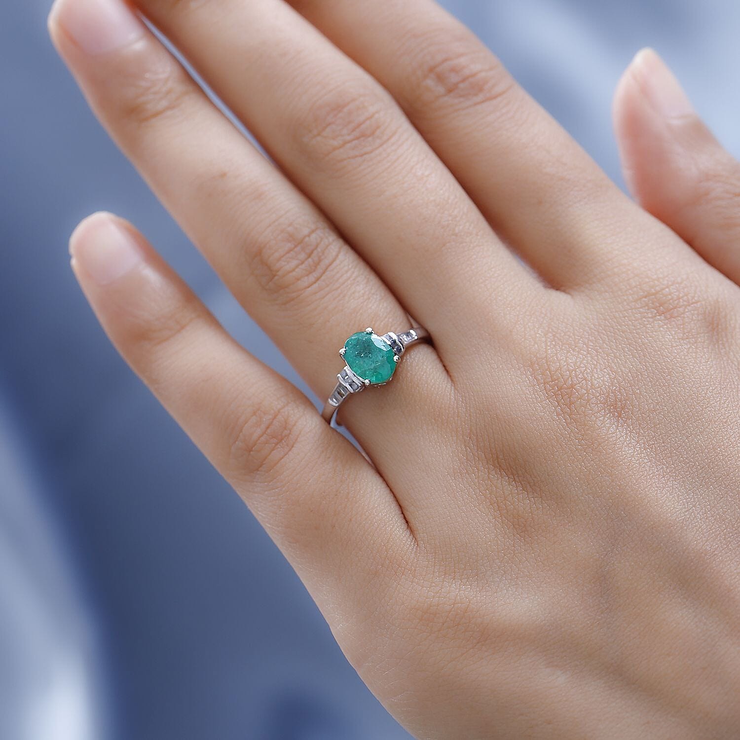 Zambian Emerald & Diamond Ring in Platinum Overlay Sterling Silver 1.29 Ct