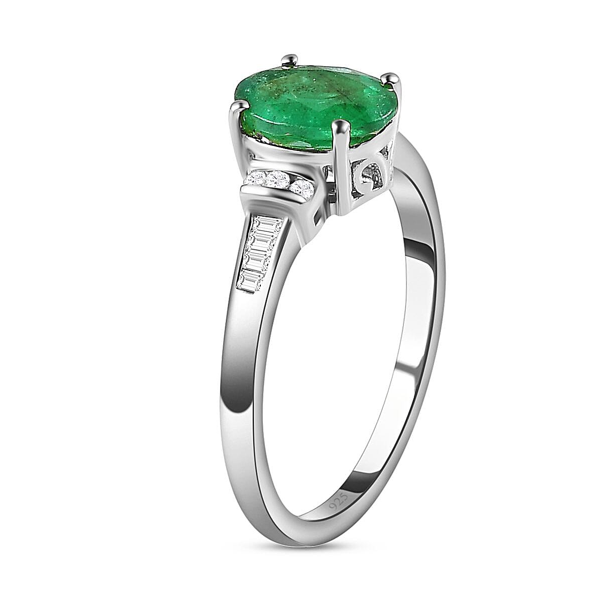 Zambian Emerald & Diamond Ring in Platinum Overlay Sterling Silver 1.29 Ct