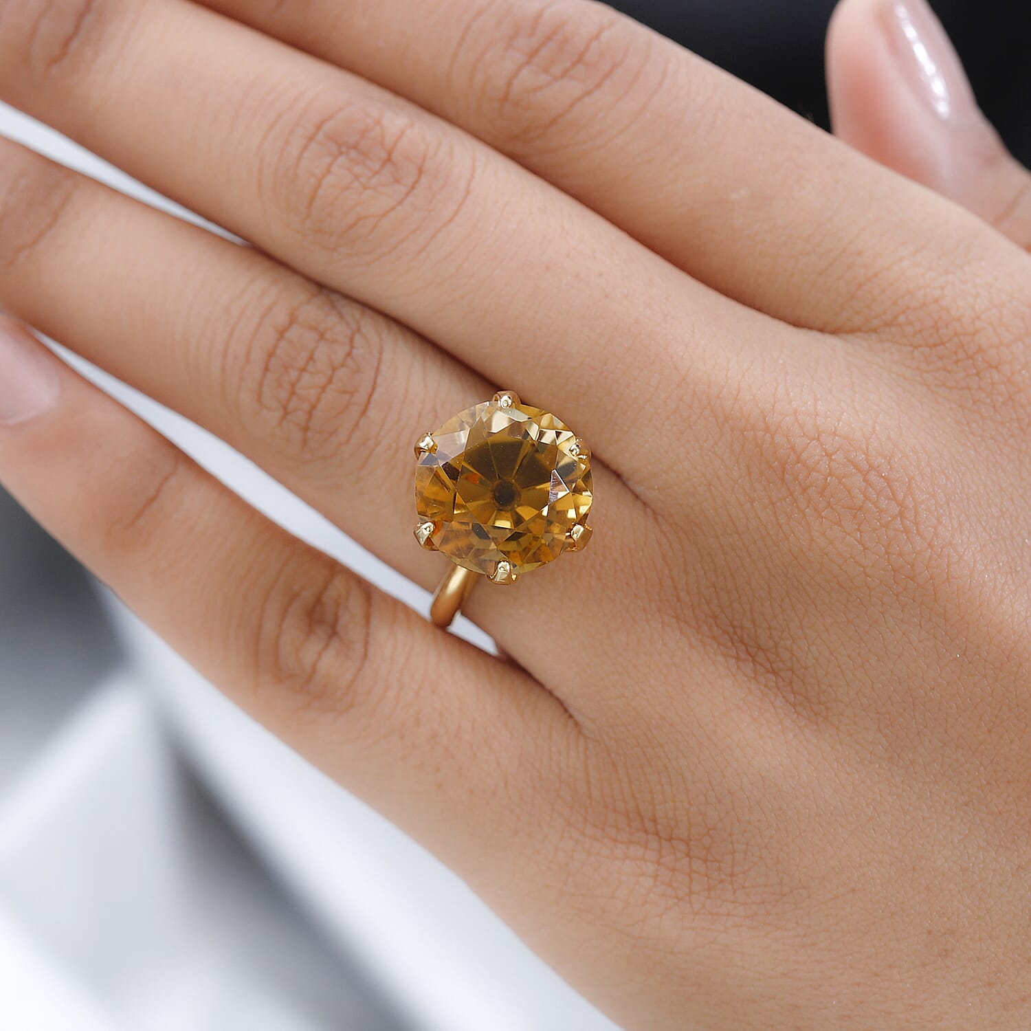 Citrine (European Cut) Solitaire Ring in 18K Yellow Gold Vermeil Plated Sterling Silver 12.00 Ct