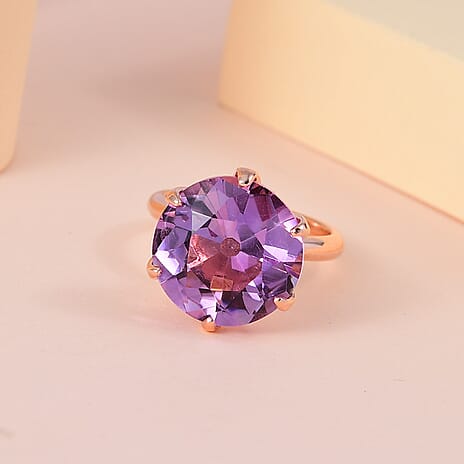 Ultimate Rose De France Amethyst (European Cut) Solitaire Ring in 18K Vermeil Rose Gold Plated Sterling Silver 10.96 Ct, Silver Wt. 5.46 Gms.