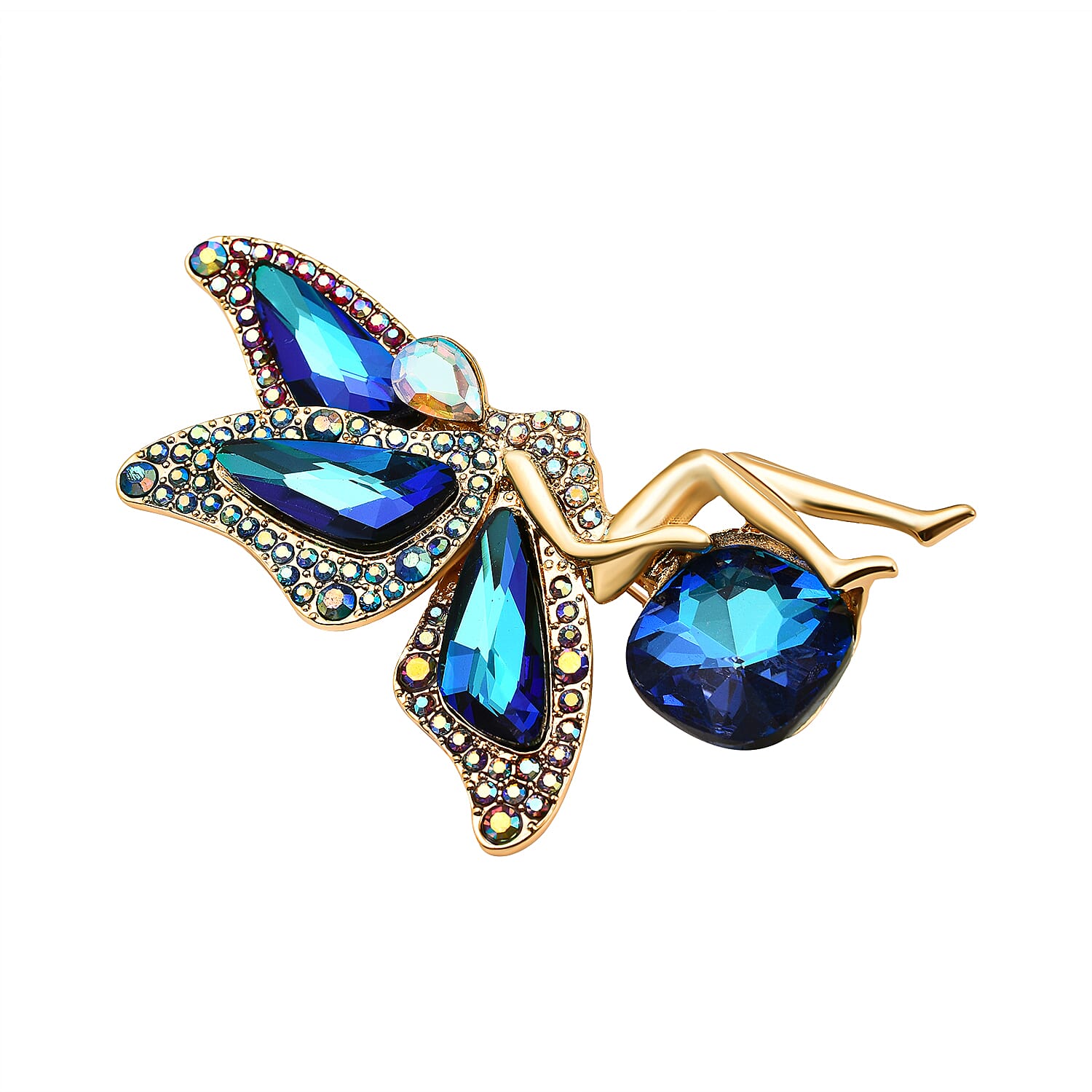 Simulated Mercury Mystic Topaz, Simulated Blue Topaz and Multi Colour Austrian Crystal Brooch in Yellow Gold Tone