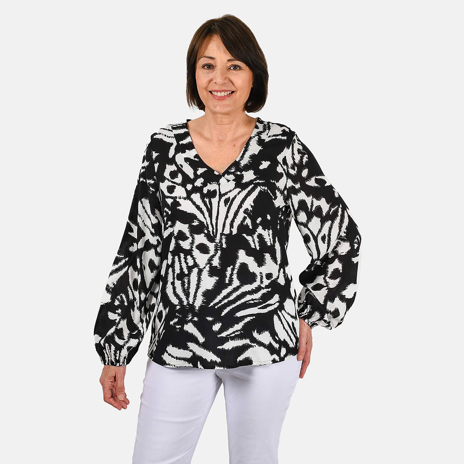 100% Viscose Long Sleeves Abstract Top (Size S) - Black