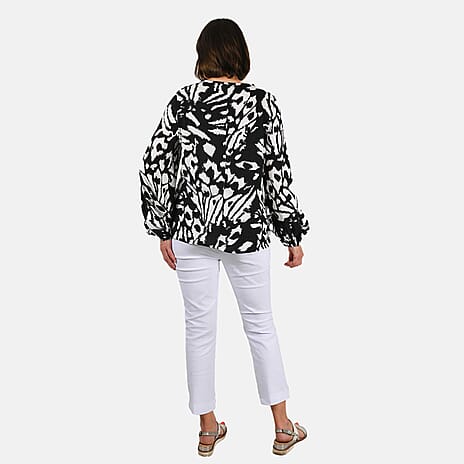 100% Viscose Long Sleeves Abstract Top (Size M) - Black