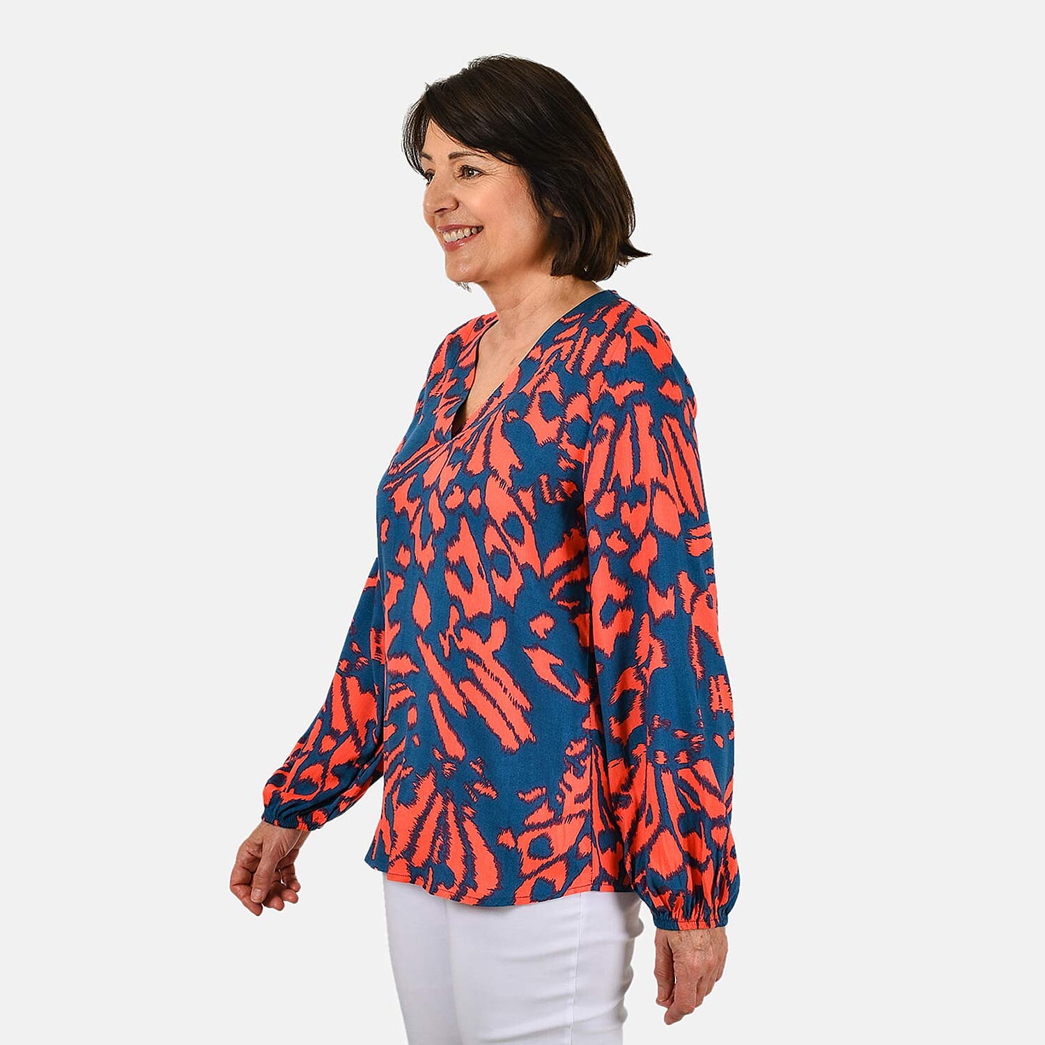 100% Viscose Long Sleeves Abstract Top (Size M) - Orange