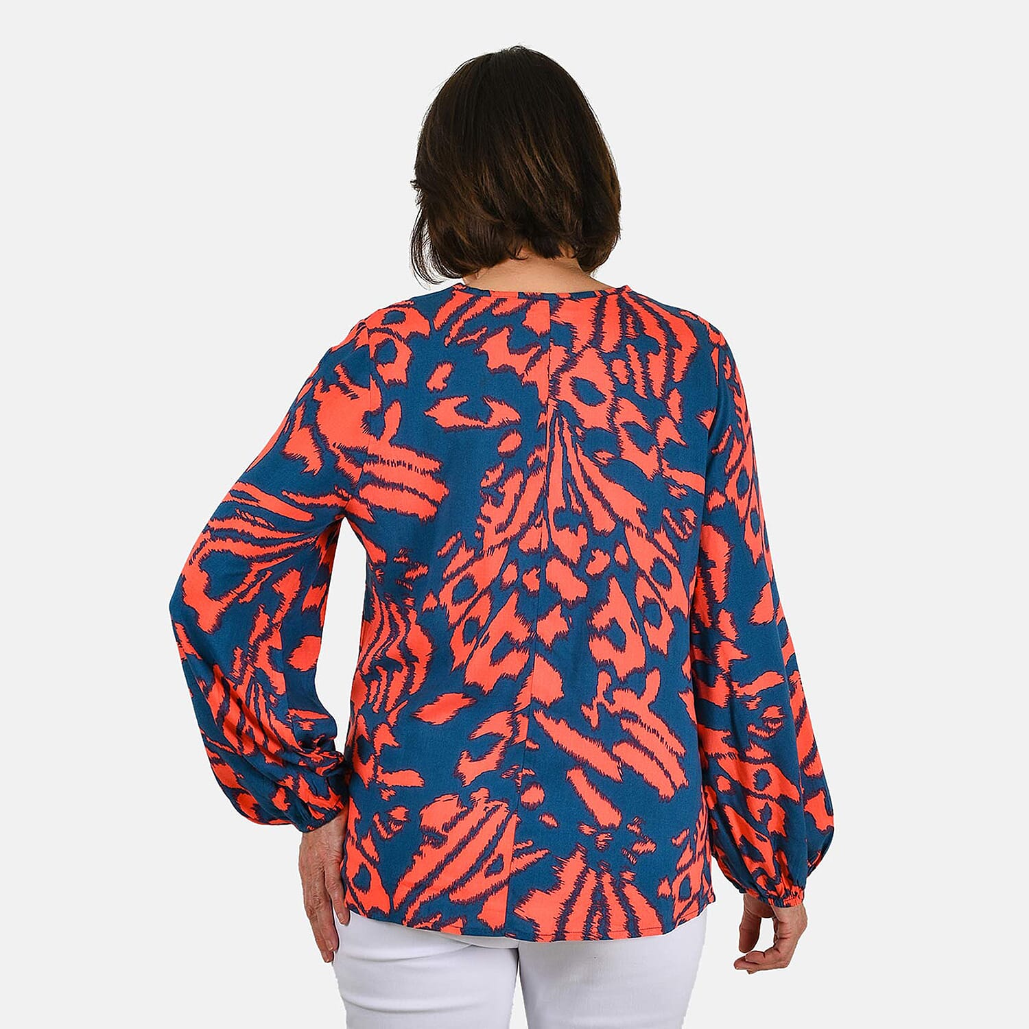 100% Viscose Long Sleeves Abstract Top (Size M) - Orange