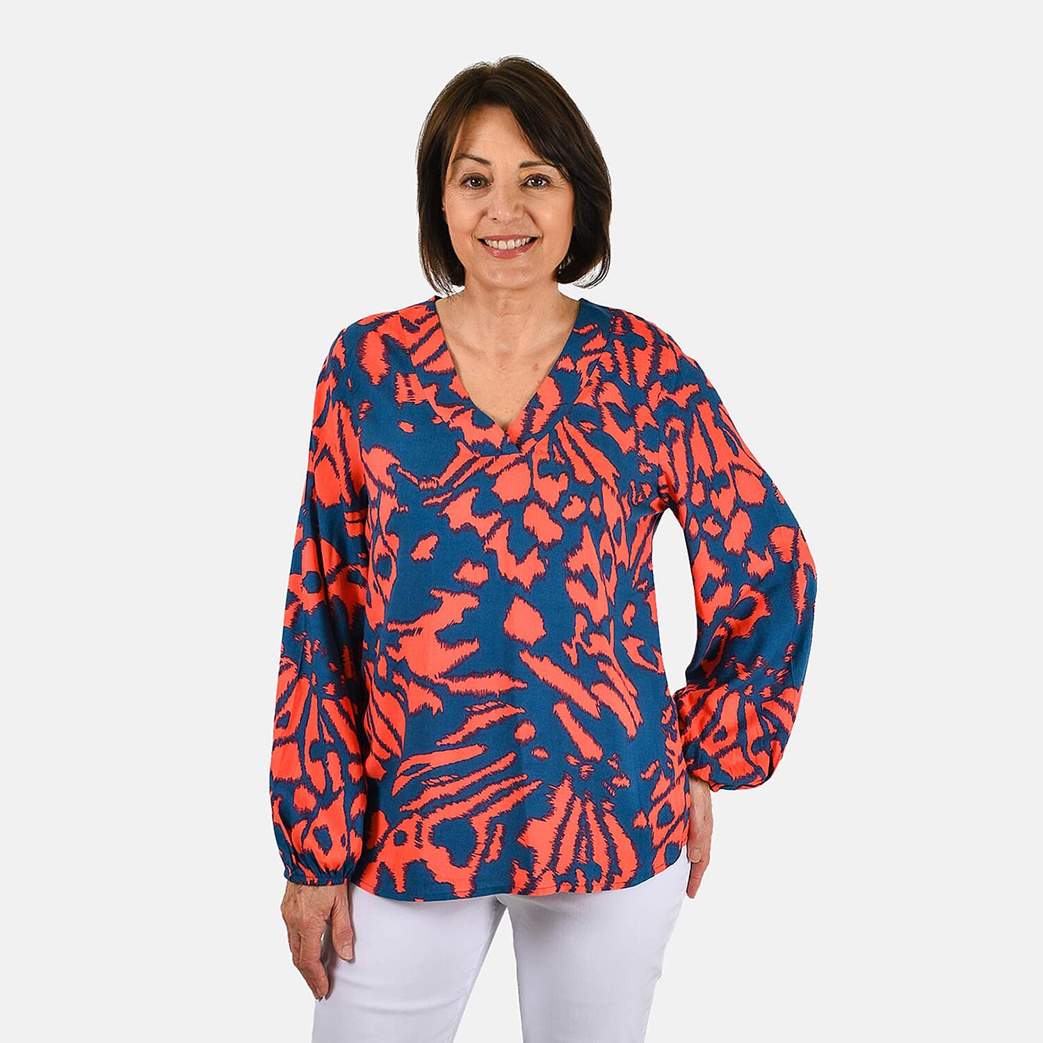 100% Viscose Long Sleeves Abstract Top (Size M) - Orange