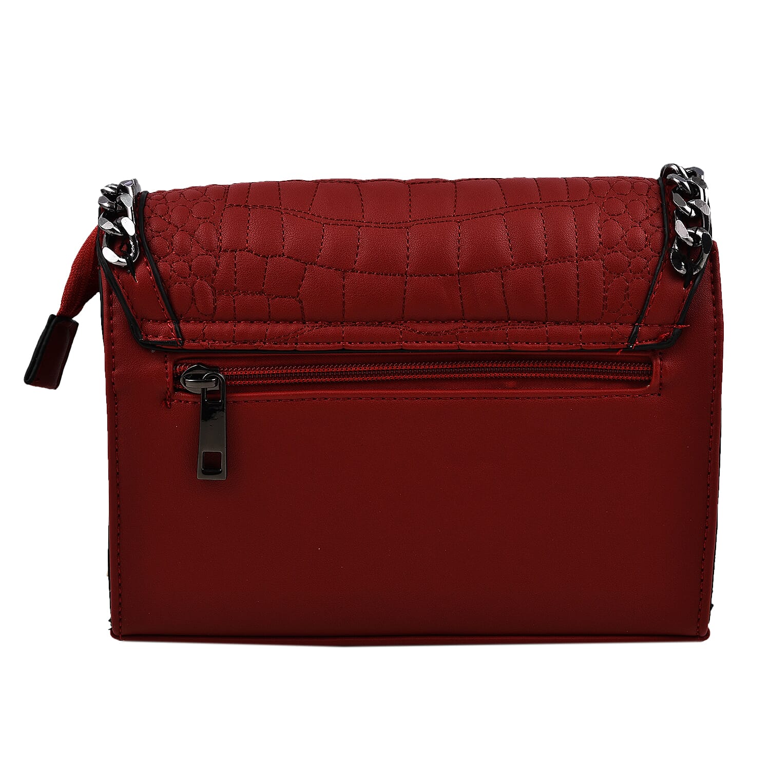 Hong Kong Closeout - Chain Trim Crossbody Handbag with Shoulder Strap - Burgundy