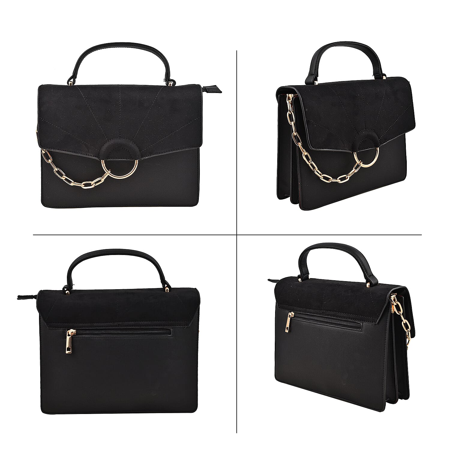 Hong Kong Closeout - Chandra Block Handbag with Handle Drop & Shoulder Strap - Black