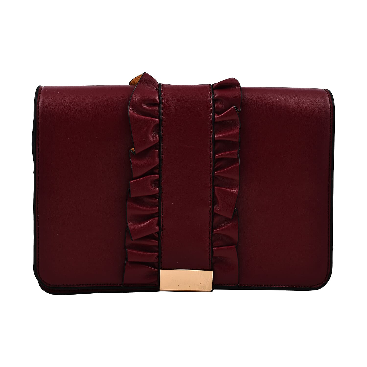Hong Kong Closeout -Florence Frill Detail Handbag with Shoulder Strap (Size 21x14x7 cm) - Burgundy