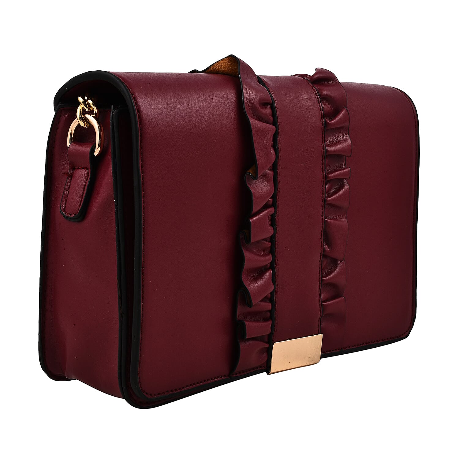 Hong Kong Closeout -Florence Frill Detail Handbag with Shoulder Strap (Size 21x14x7 cm) - Burgundy