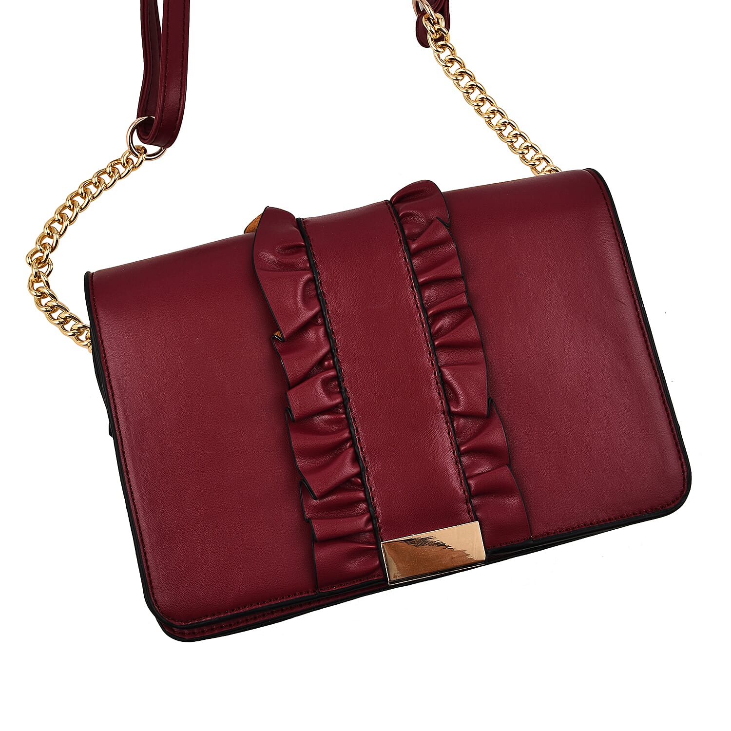 Hong Kong Closeout -Florence Frill Detail Handbag with Shoulder Strap (Size 21x14x7 cm) - Burgundy