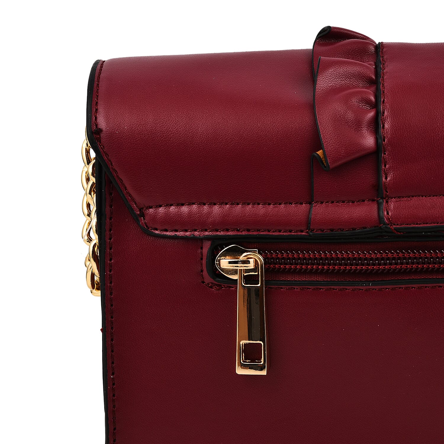 Hong Kong Closeout -Florence Frill Detail Handbag with Shoulder Strap (Size 21x14x7 cm) - Burgundy