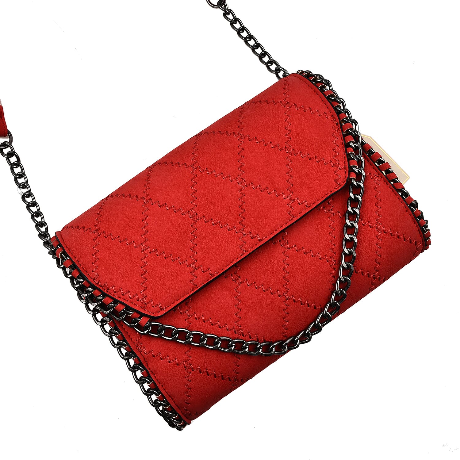Hong Kong Closeout - Chain Trim Crossbody Bag with Shoulder Strap - Red