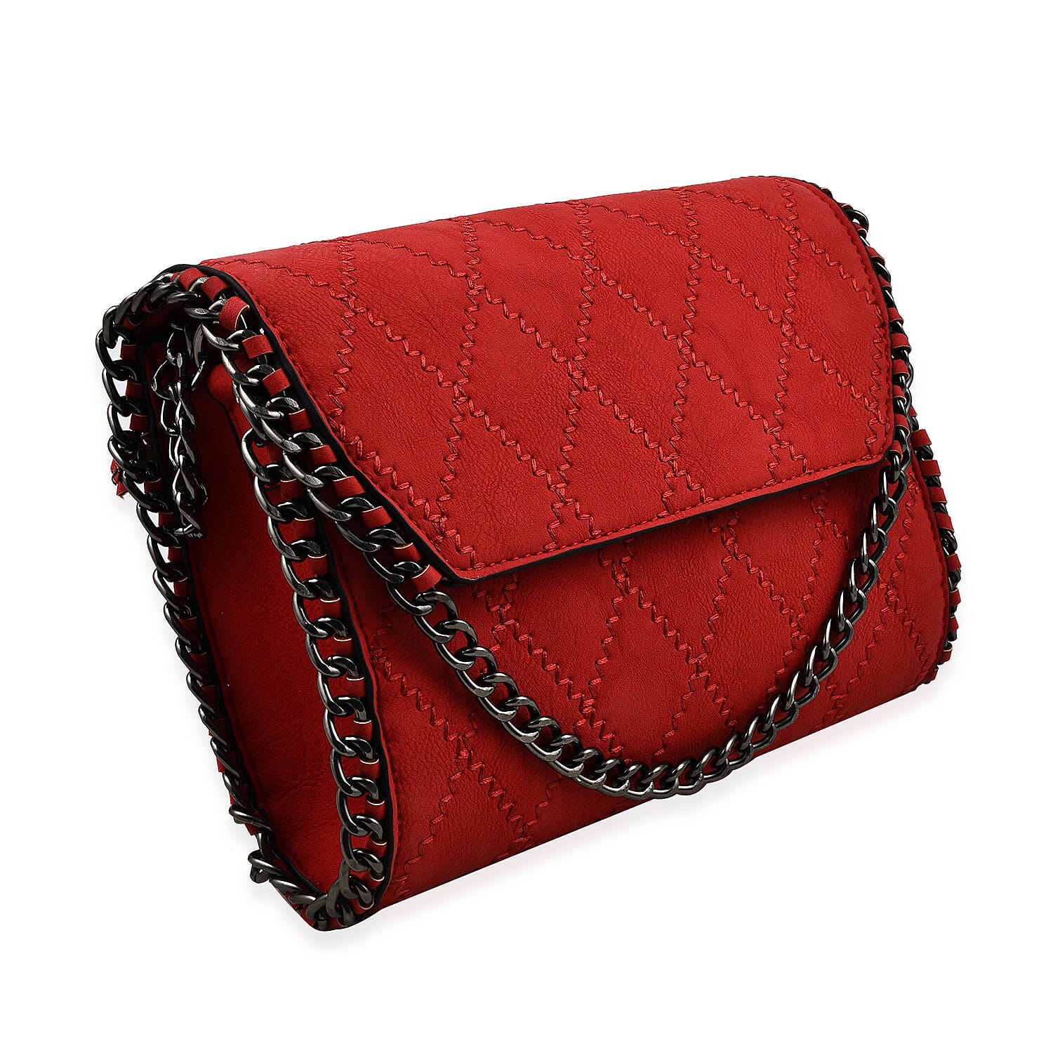 Hong Kong Closeout - Chain Trim Crossbody Bag with Shoulder Strap - Red