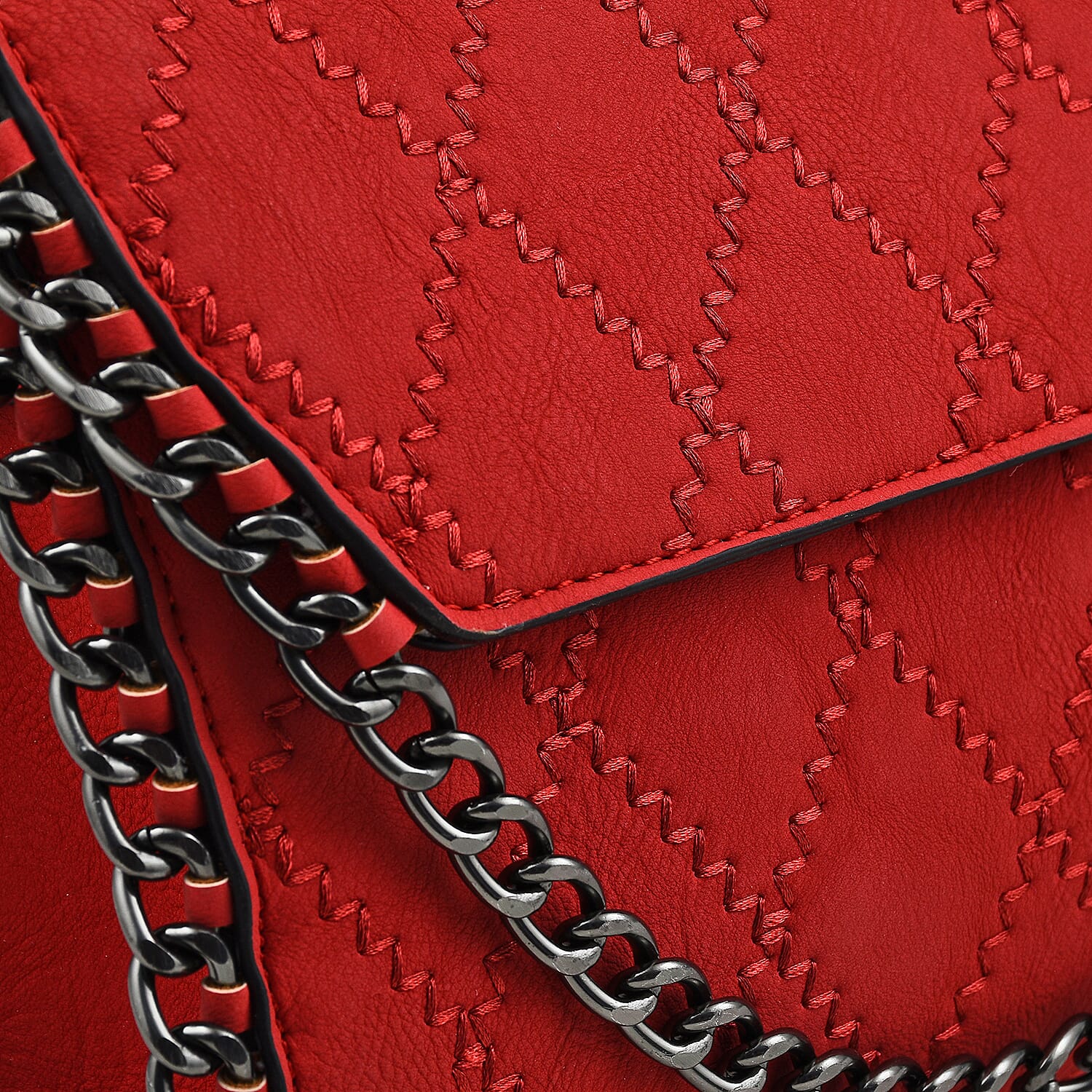 Hong Kong Closeout - Chain Trim Crossbody Bag with Shoulder Strap - Red