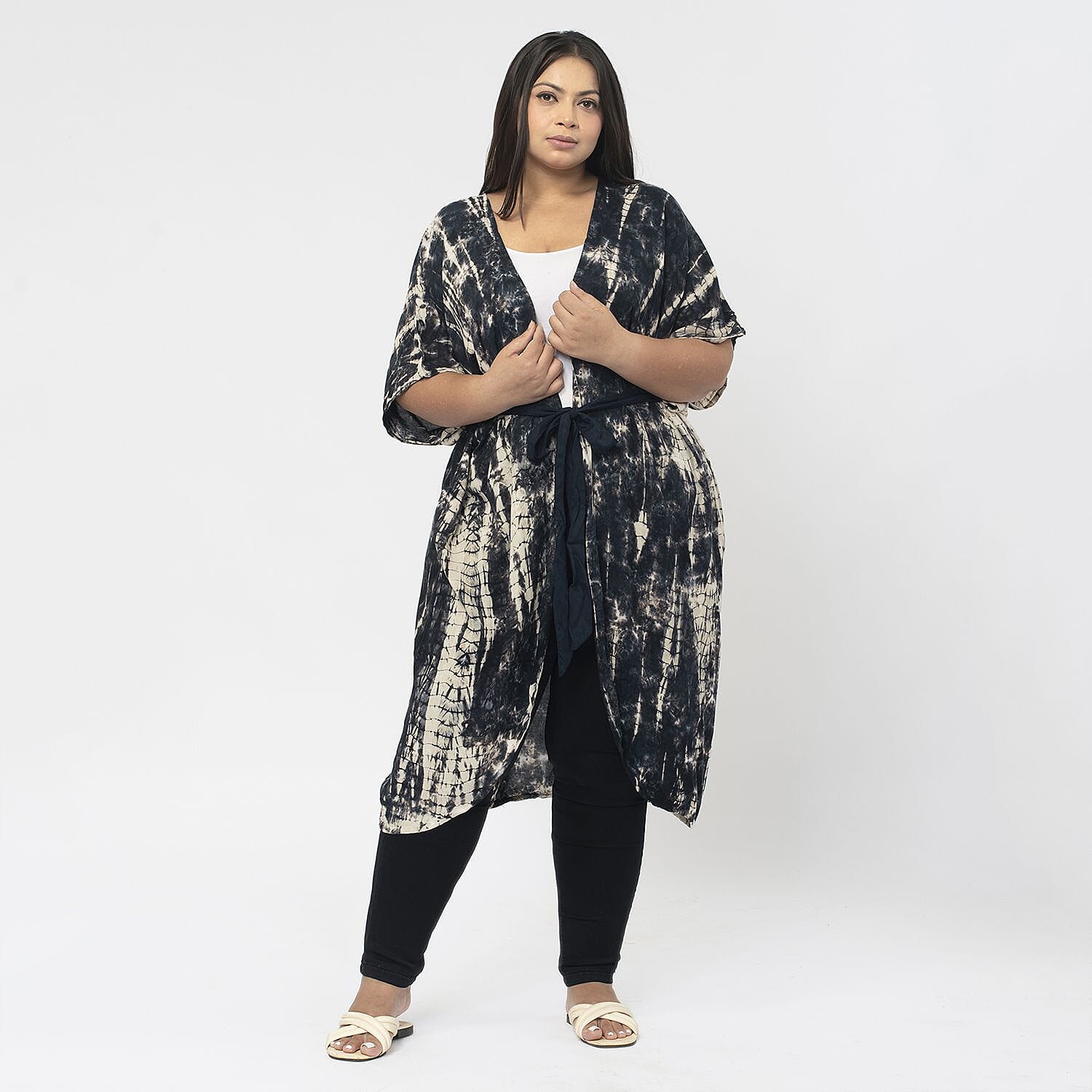 TAMSY 100% Viscose Tie Dye Kimono (One Size) - Black