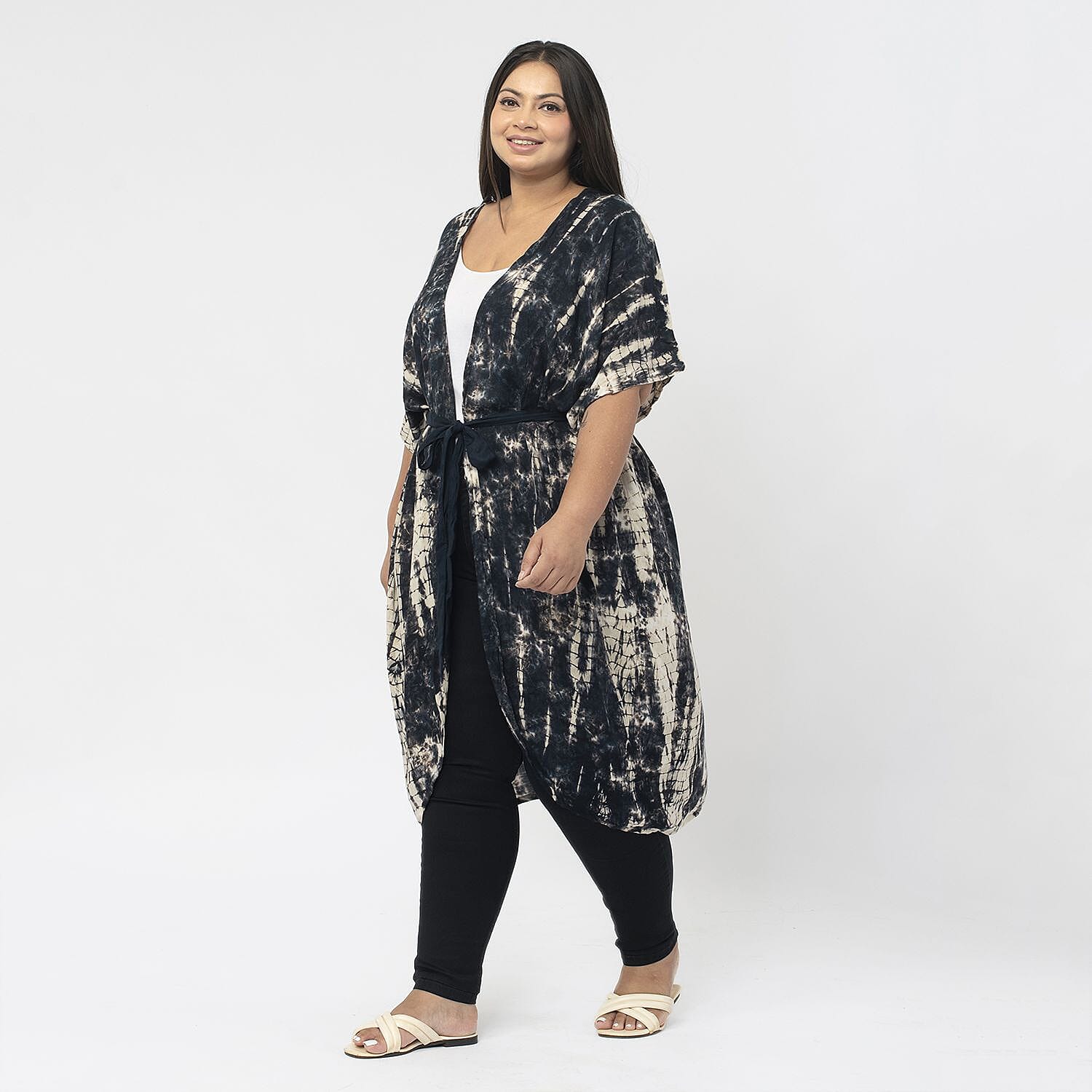 TAMSY 100% Viscose Tie Dye Kimono (One Size) - Black