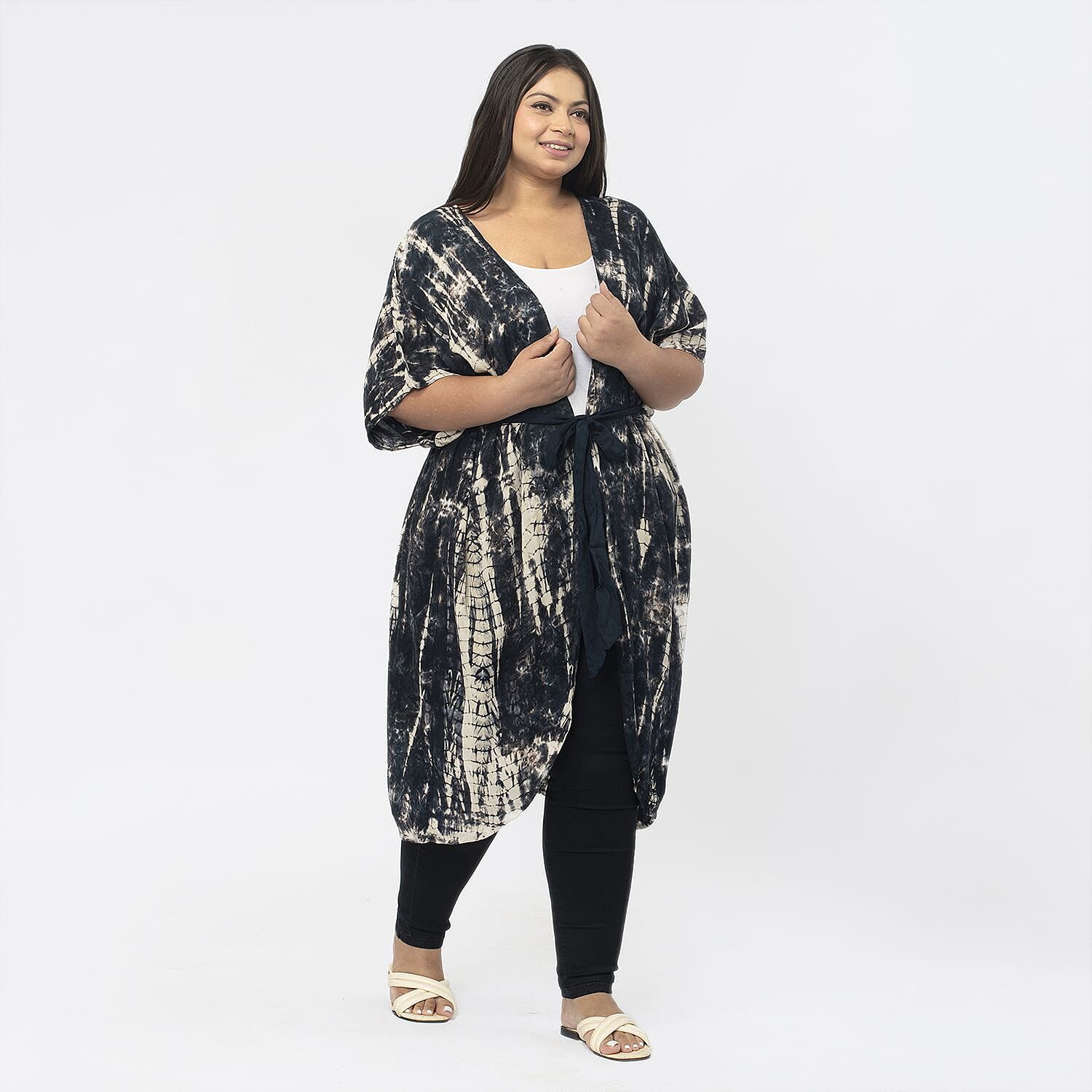 TAMSY 100% Viscose Tie Dye Kimono (One Size) - Black