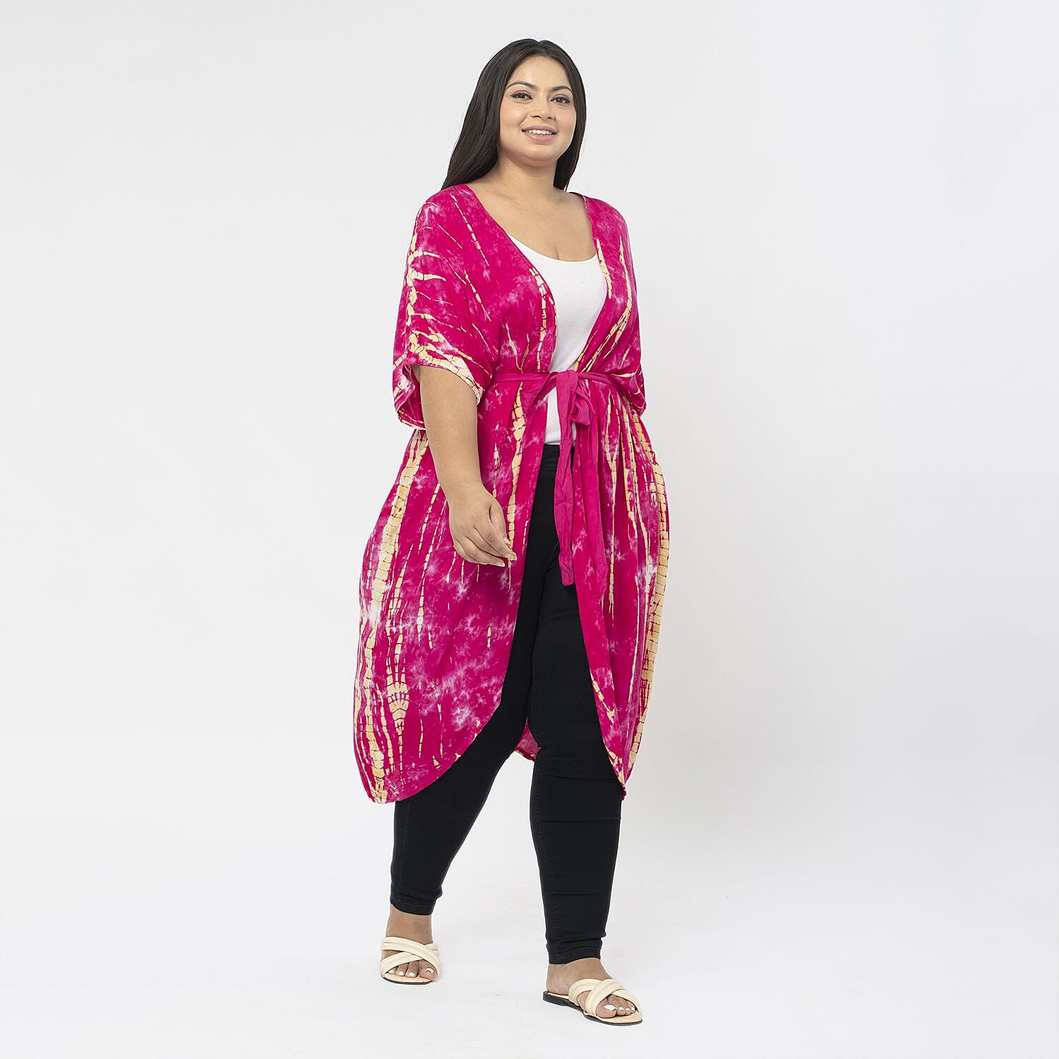 TAMSY 100% Viscose Tie Dye Kimono (One Size ) - Pink