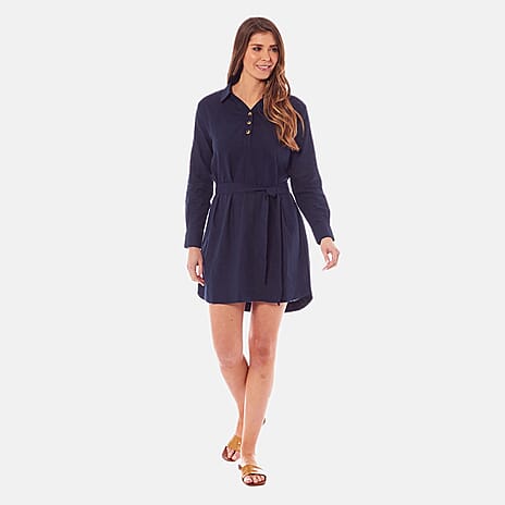 Charlotte West Midi Linen Belted Shirt Dress (Size 12) - Navy - Linen-Viscose