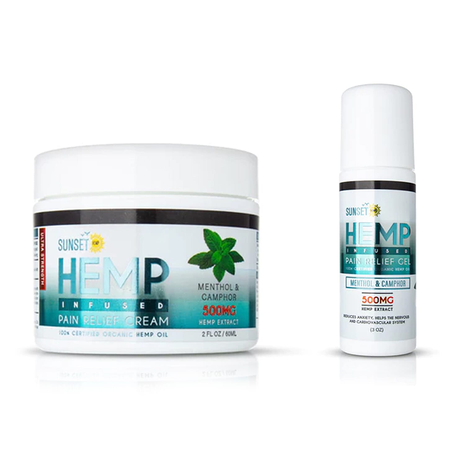 Sunset Hemp Infused Menthol & Camphor Pain Relief Cream (Set of Two, Jar - Roll-on ) - 500mg