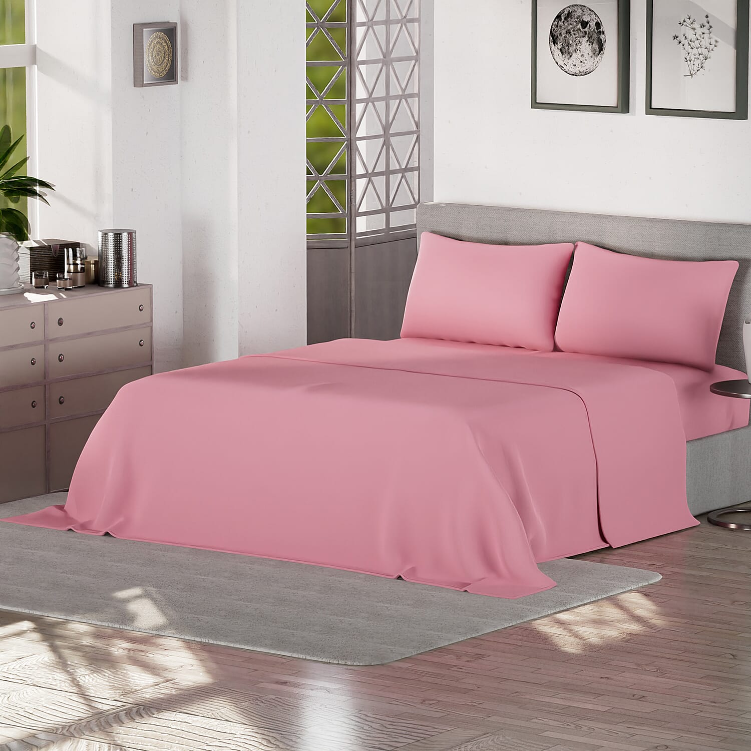 4 Piece Set - Flat & Fitted Bedsheets with 2 Pillow Cases (King Size) - Pink