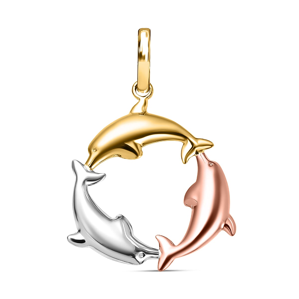 Las Vegas Closeout Deal - 9K Yellow, White and Rose Gold Dolphin Circle Pendant