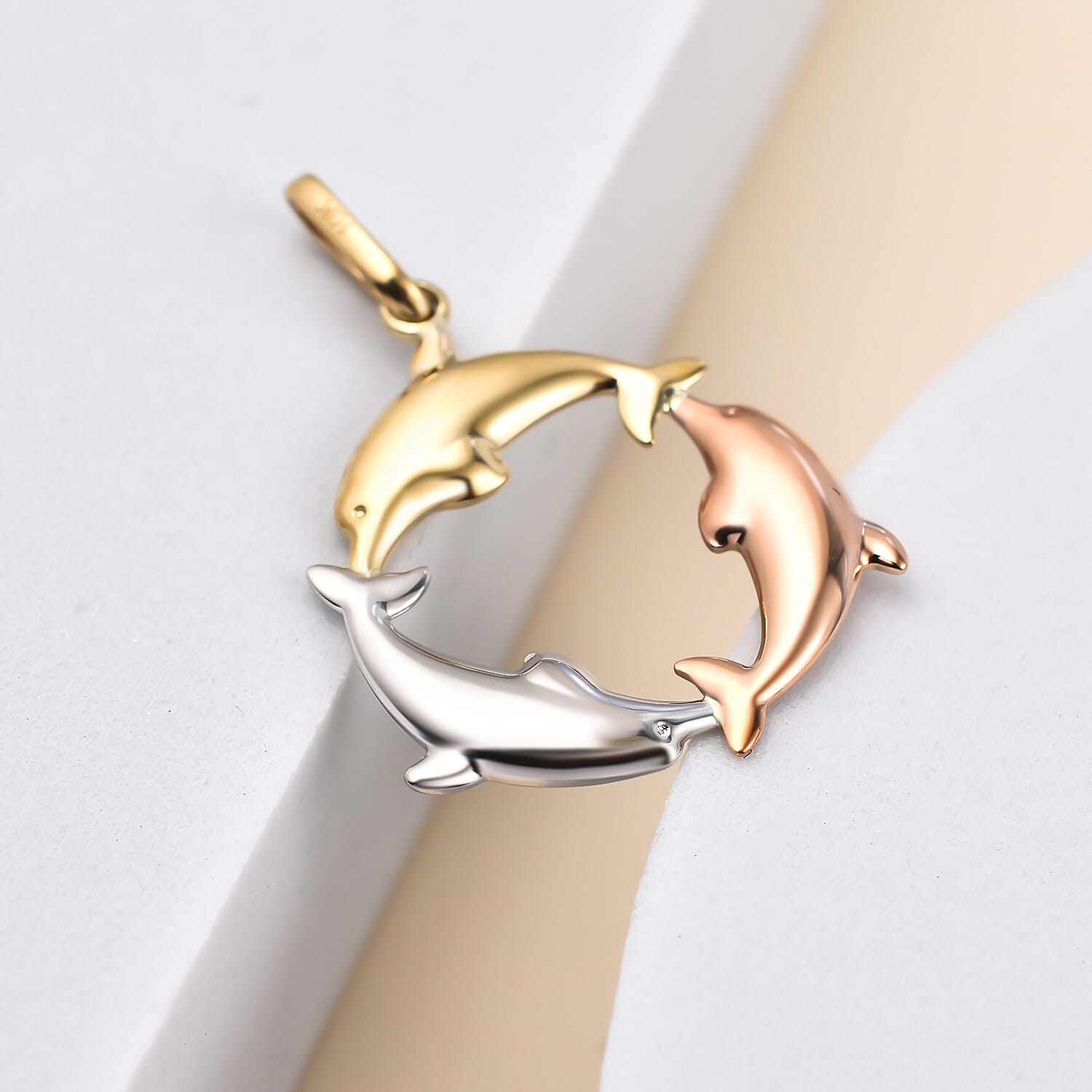 Las Vegas Closeout Deal - 9K Yellow, White and Rose Gold Dolphin Circle Pendant