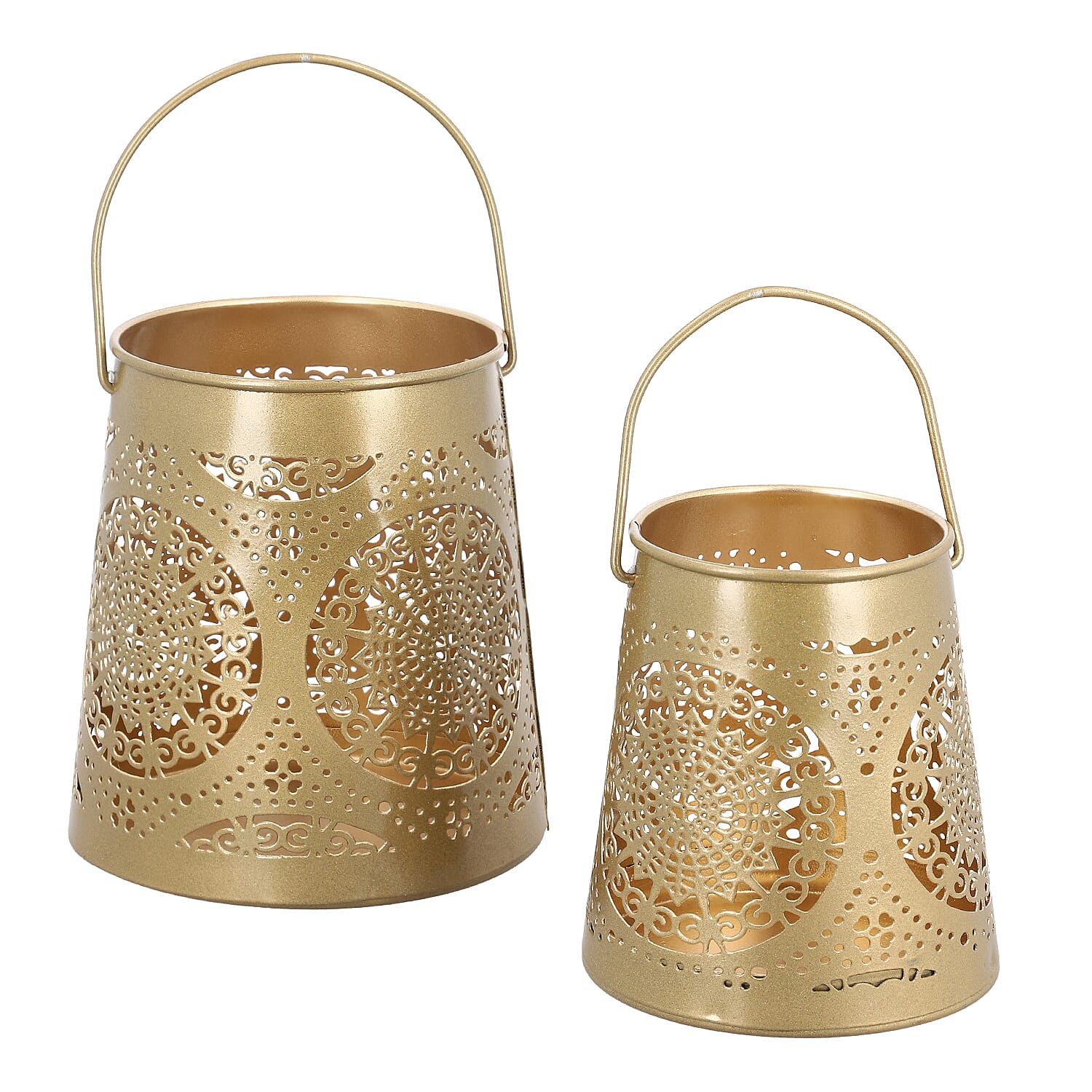 Set of 2 - Stunning Metal Etched Mandala Pattern Hanging Lantern (Size 15x15x13 cm) - Gold