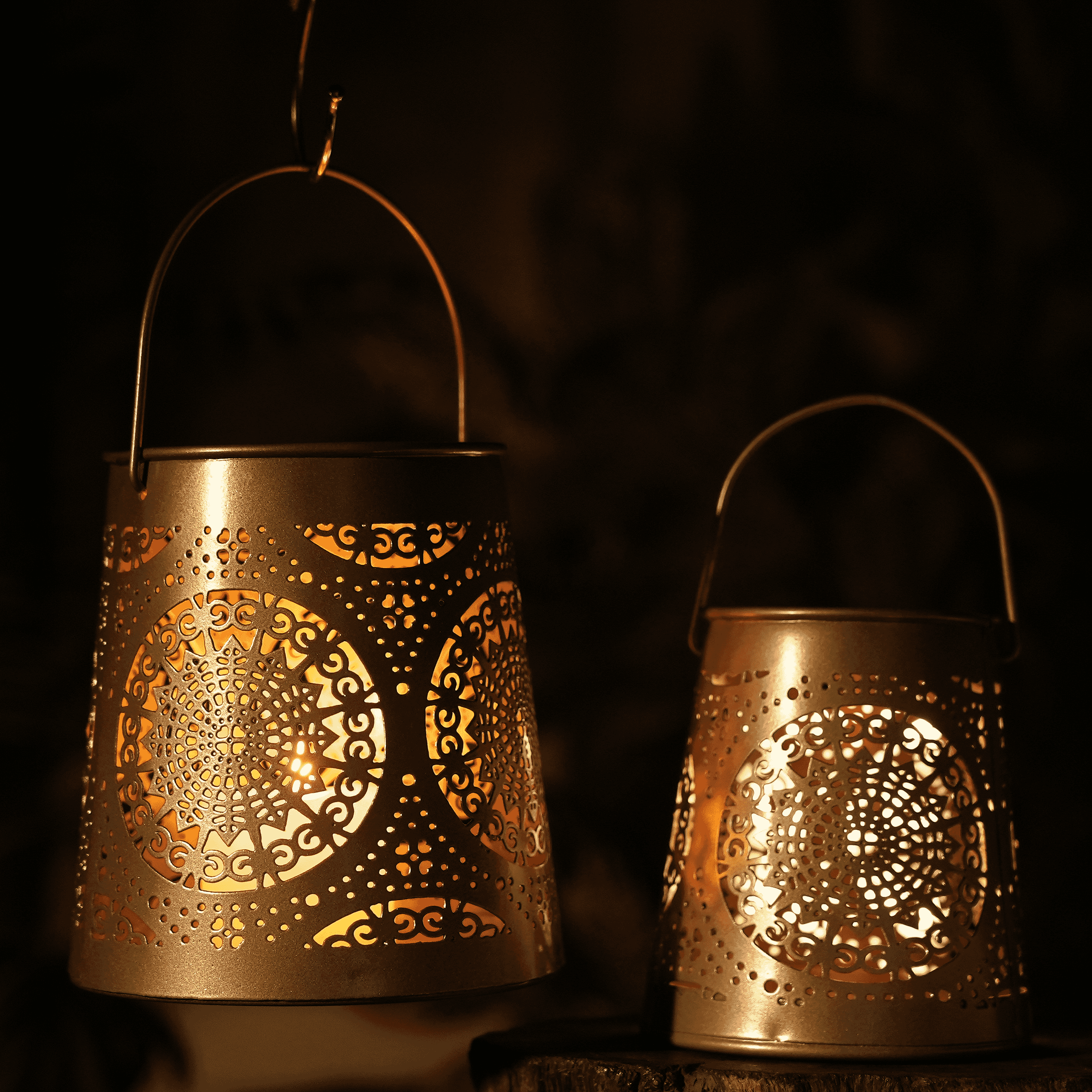 Set of 2 - Stunning Metal Etched Mandala Pattern Hanging Lantern (Size 15x15x13 cm) - Gold