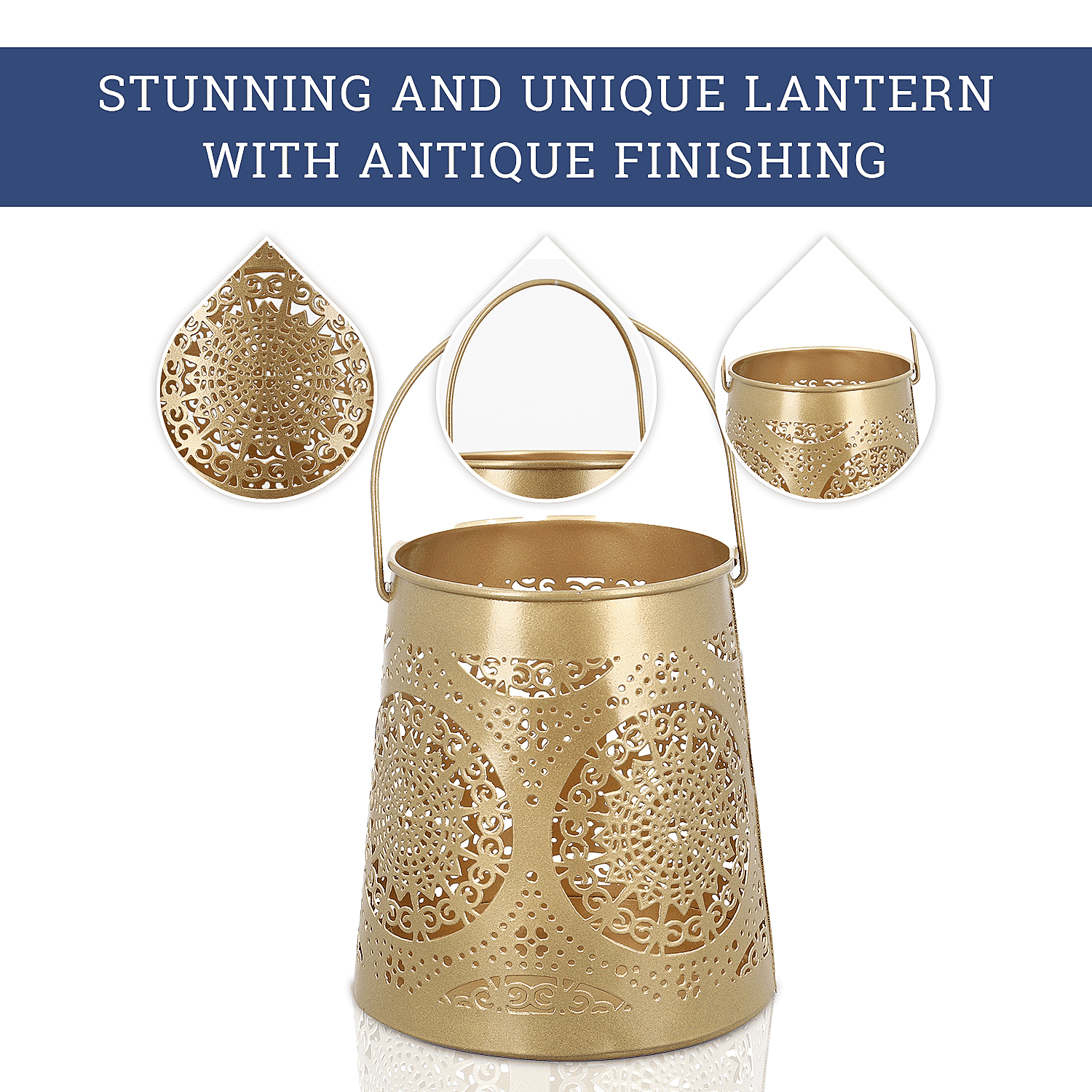 Set of 2 - Stunning Metal Etched Mandala Pattern Hanging Lantern (Size 15x15x13 cm) - Gold
