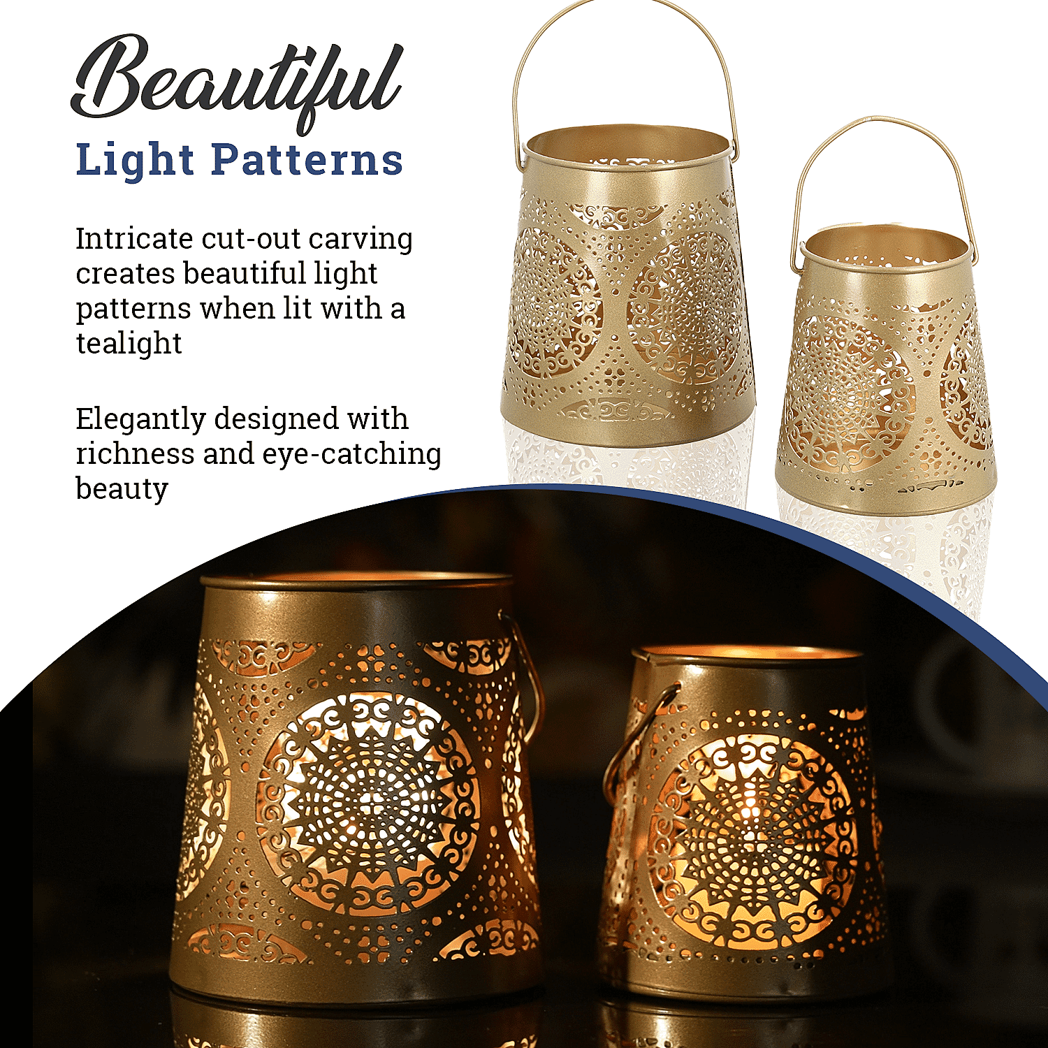 Set of 2 - Stunning Metal Etched Mandala Pattern Hanging Lantern (Size 15x15x13 cm) - Gold