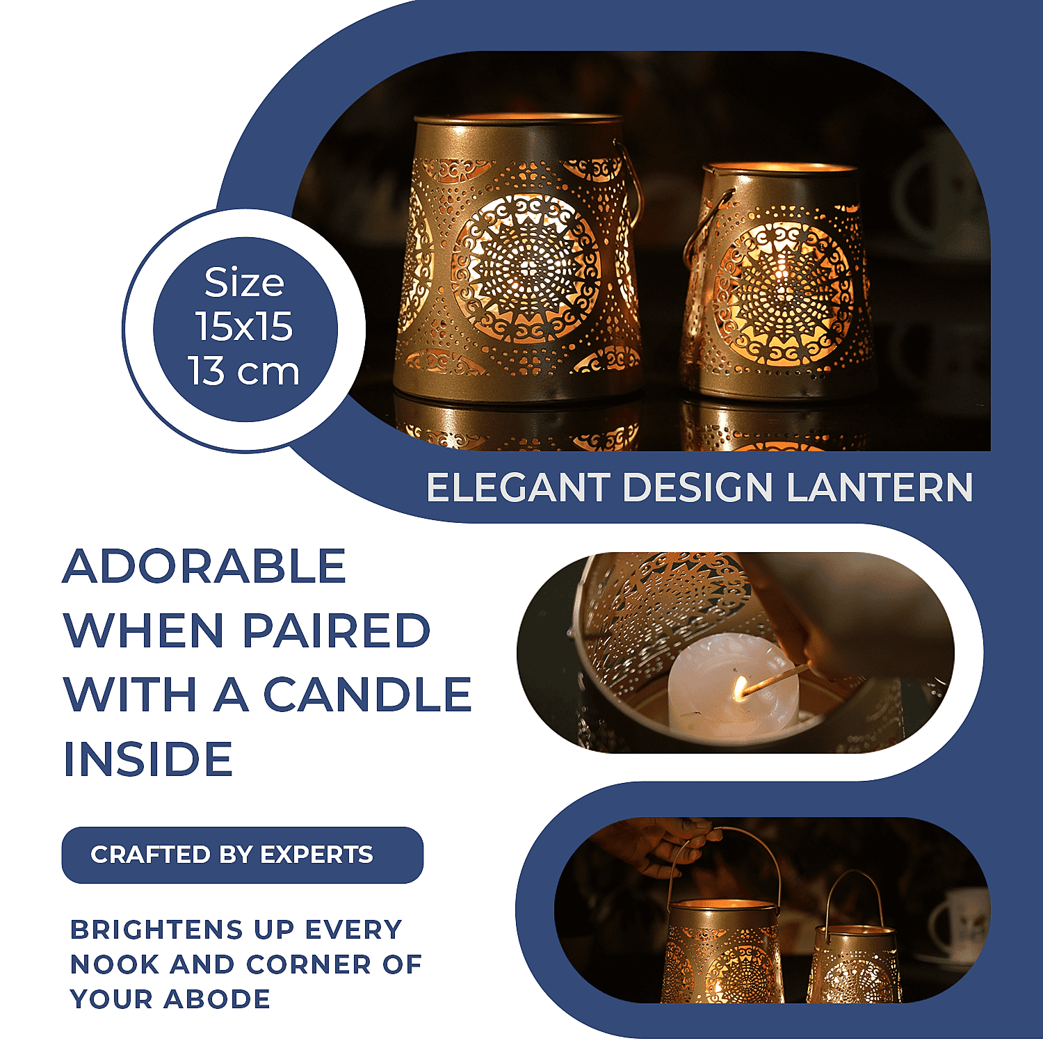 Set of 2 - Stunning Metal Etched Mandala Pattern Hanging Lantern (Size 15x15x13 cm) - Gold