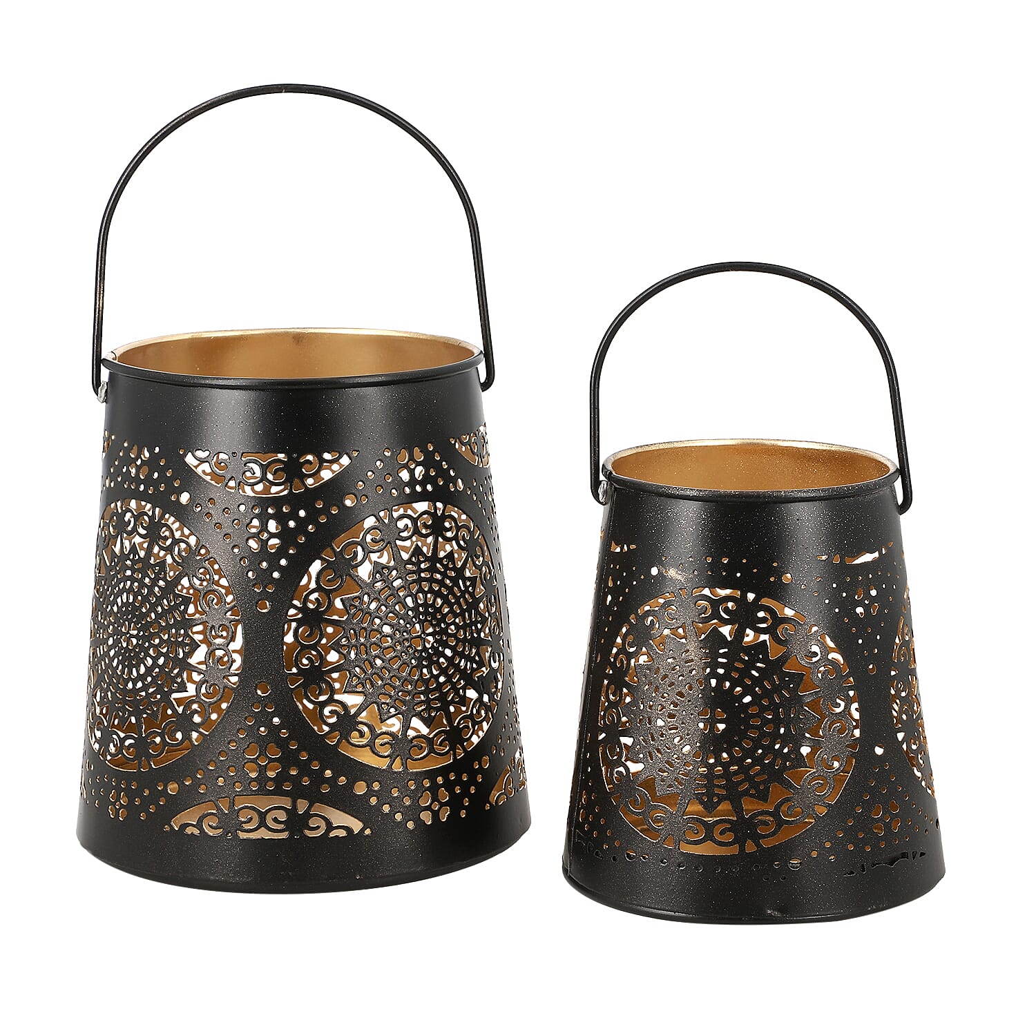 Set of 2 - Stunning Metal Etched Mandala Pattern Hanging Lantern (Size 15x15x13 cm) - Black