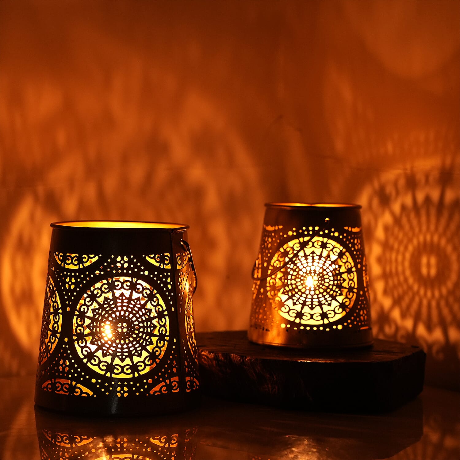Set of 2 - Stunning Metal Etched Mandala Pattern Hanging Lantern (Size 15x15x13 cm) - Black