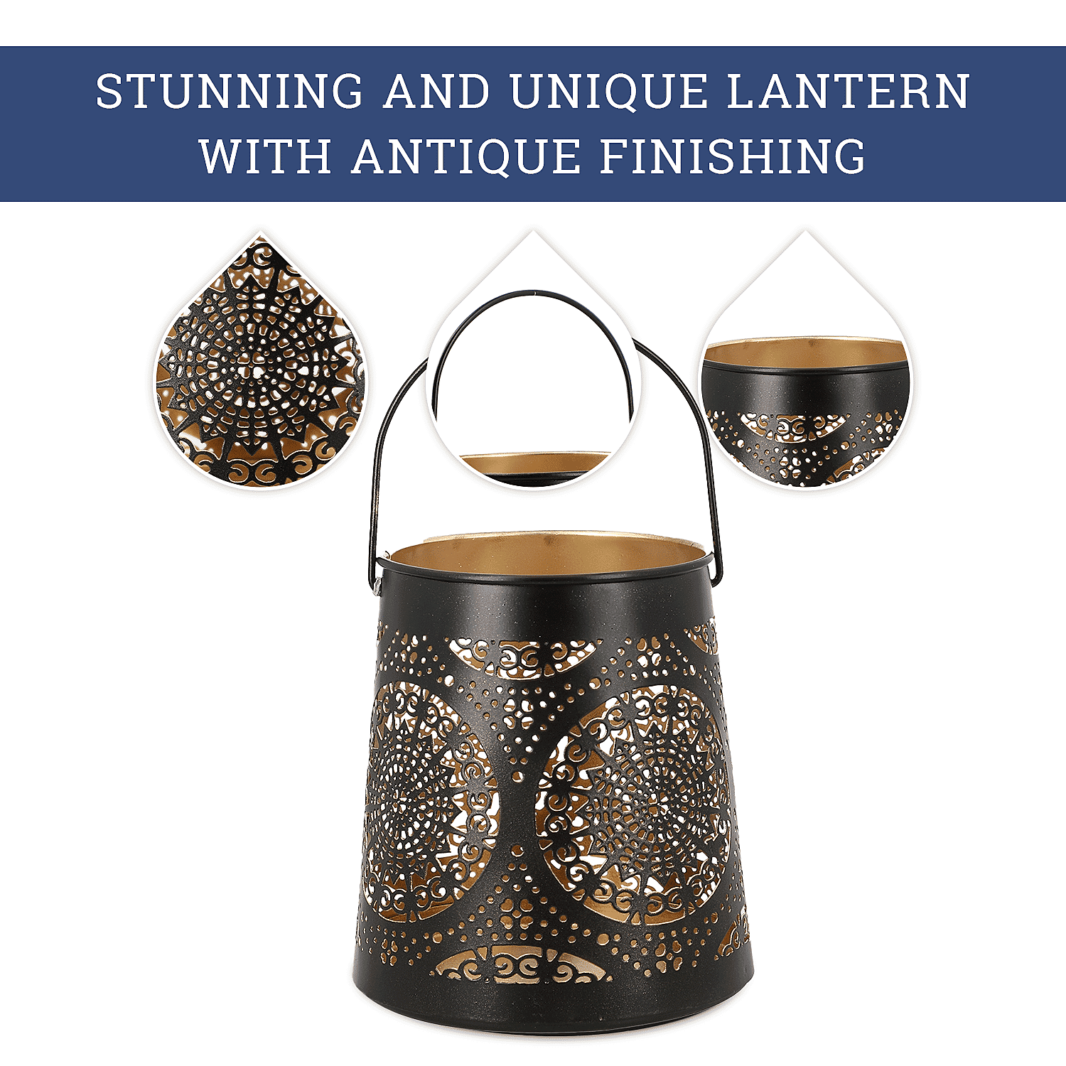 Set of 2 - Stunning Metal Etched Mandala Pattern Hanging Lantern (Size 15x15x13 cm) - Black
