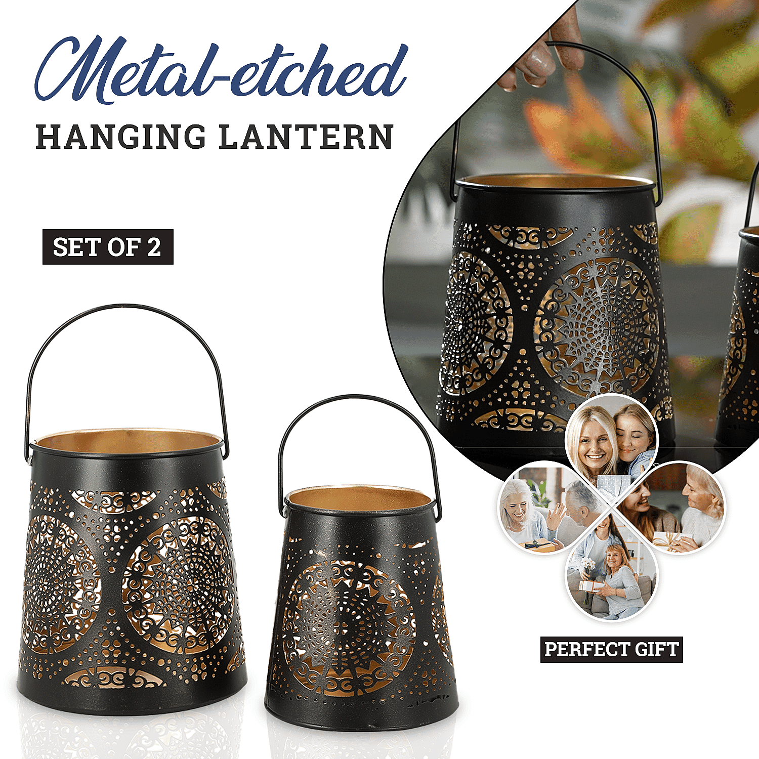 Set of 2 - Stunning Metal Etched Mandala Pattern Hanging Lantern (Size 15x15x13 cm) - Black