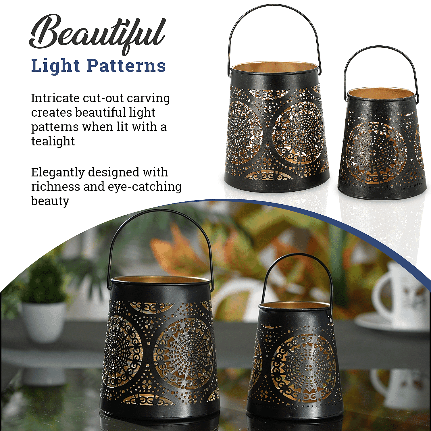 Set of 2 - Stunning Metal Etched Mandala Pattern Hanging Lantern (Size 15x15x13 cm) - Black