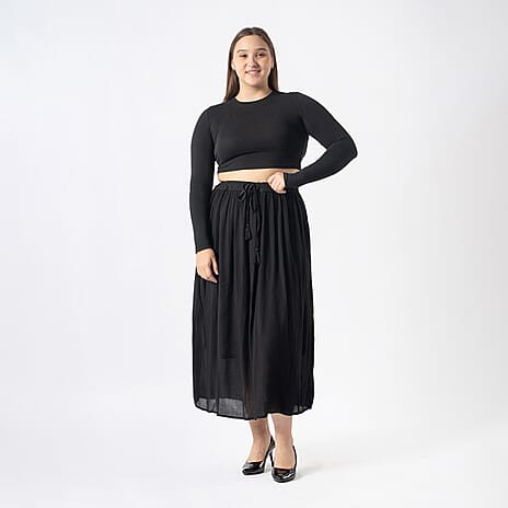 Tamsy Viscose Solid Long Skirt (Size S, 8-10) - Black
