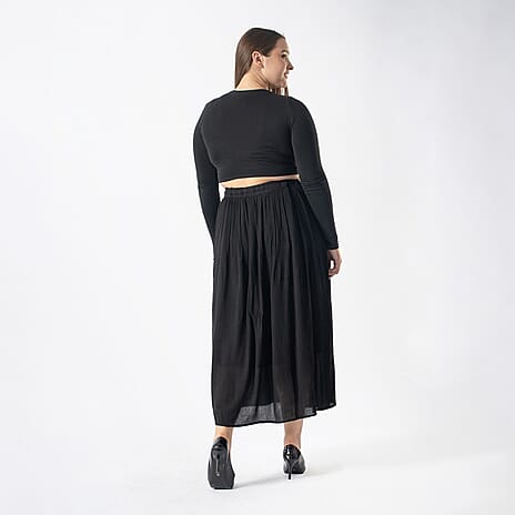 Tamsy Viscose Solid Long Skirt (Size S, 8-10) - Black